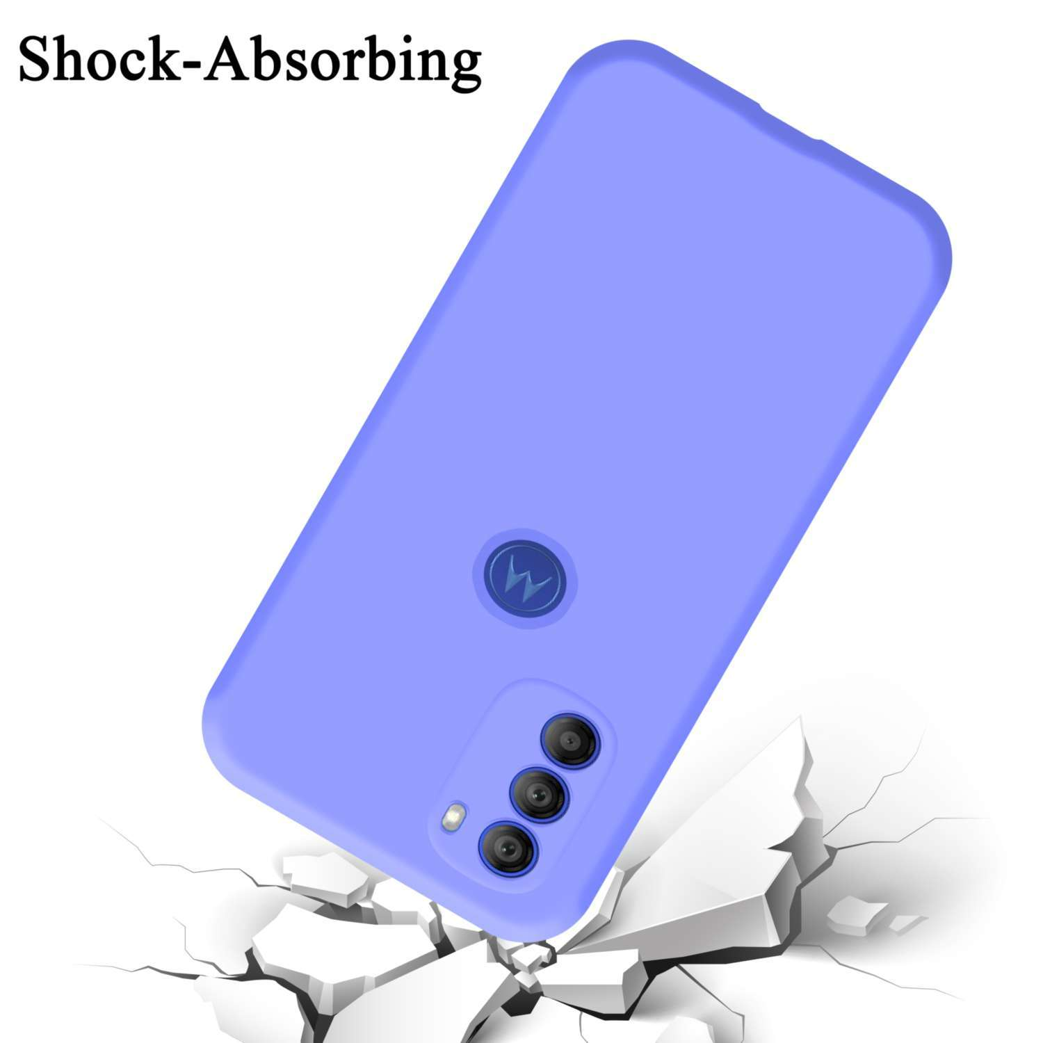 Una custodia per telefono viola chiaro, con un logo Motorola, su un terreno bianco crepato.