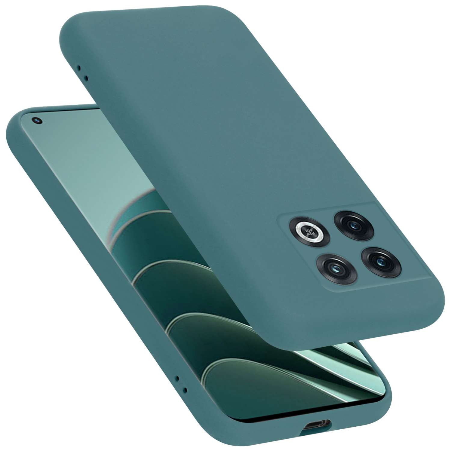 Custodia per telefono verde acqua. Un telefono è nella custodia. Il telefono è verde acqua. La custodia è verde acqua.