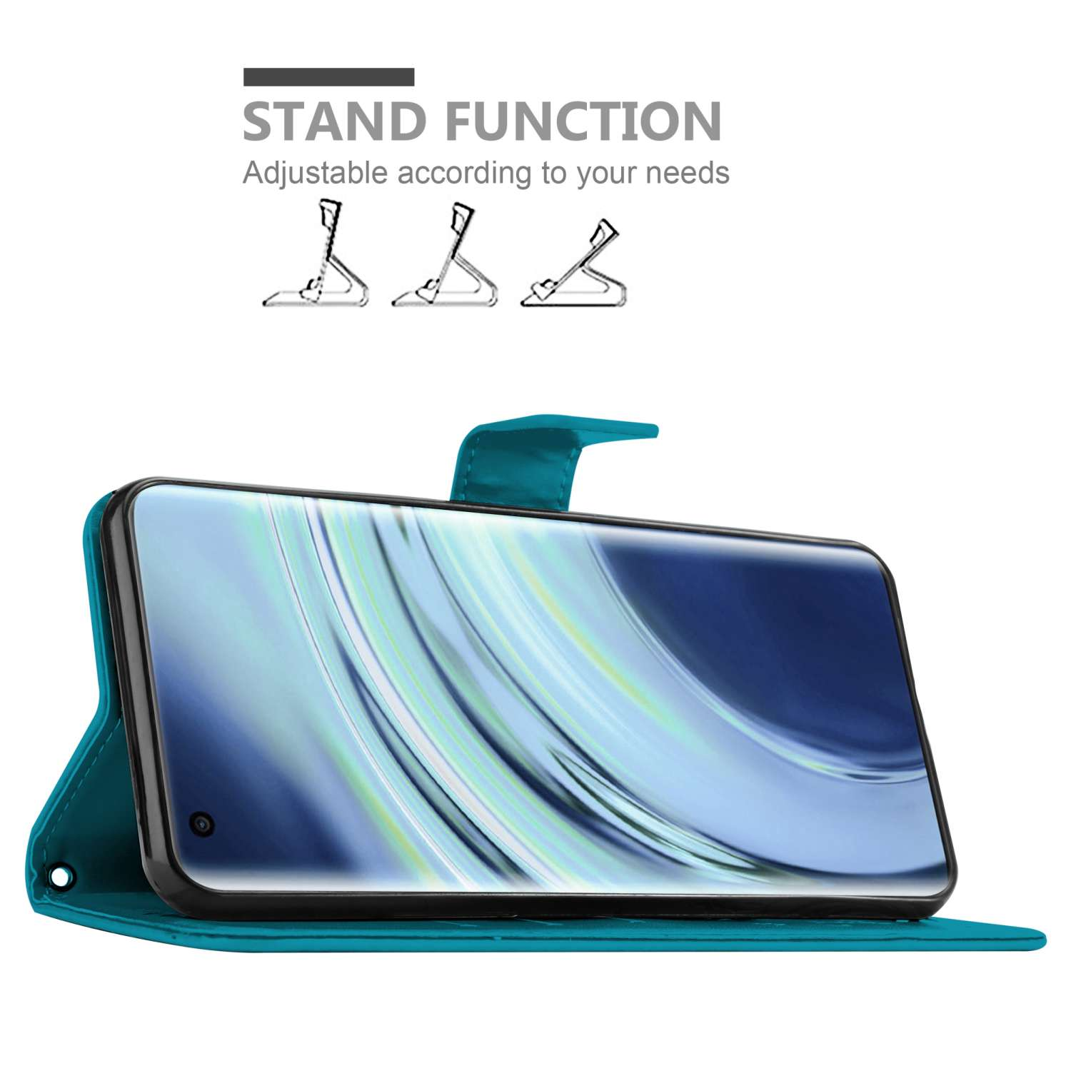 Custodia per telefono verde acqua in funzione stand. Il telefono è nella custodia e mostra contenuti.