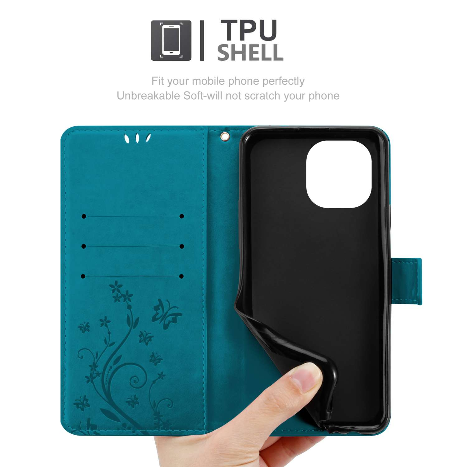 Mano che tiene una custodia turchese aperta. Telefono all'interno. Testo: Guscio TPU, infrangibile, morbido.
