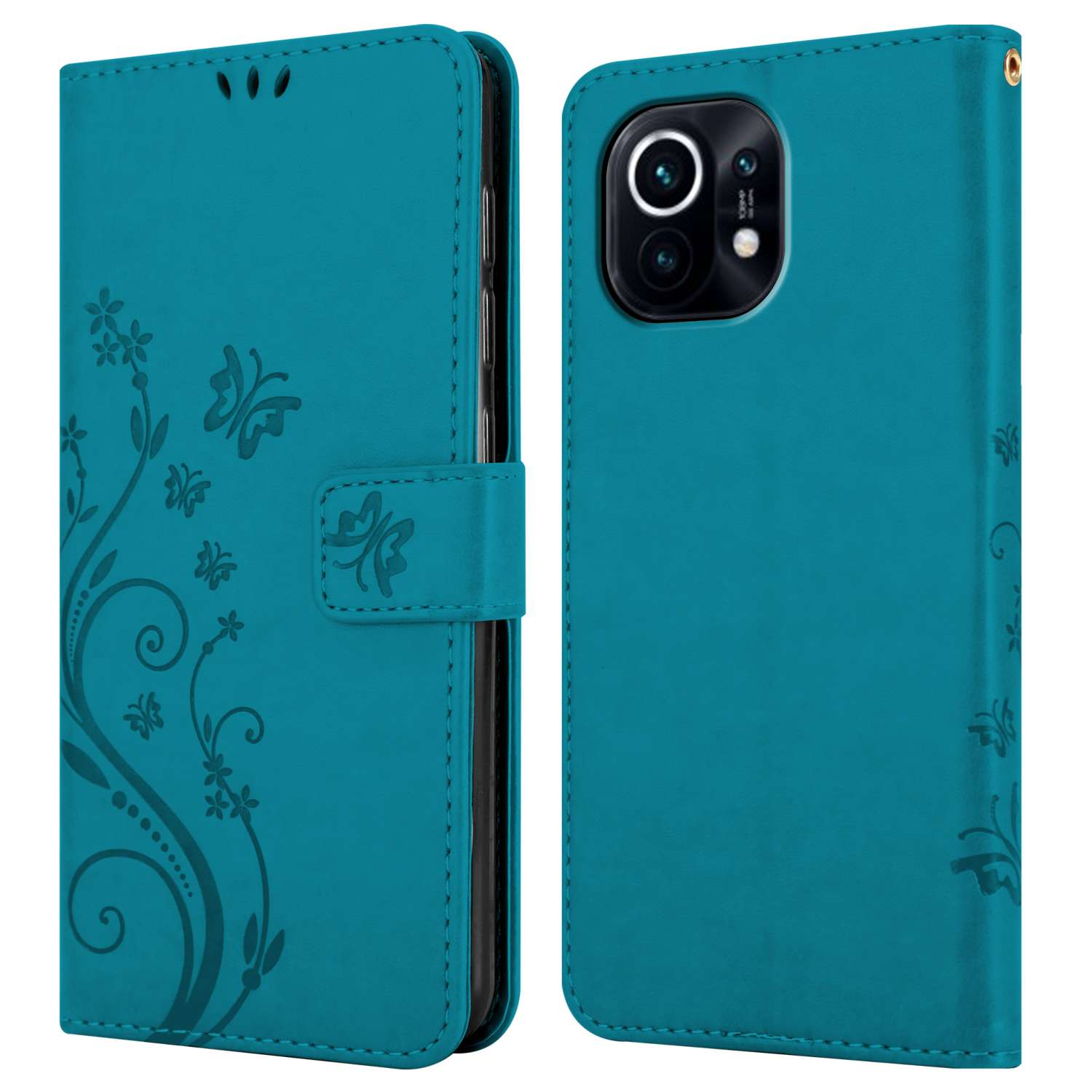 Custodia per telefono turchese, chiusa e aperta, che mostra il design floreale e il modulo fotocamera.