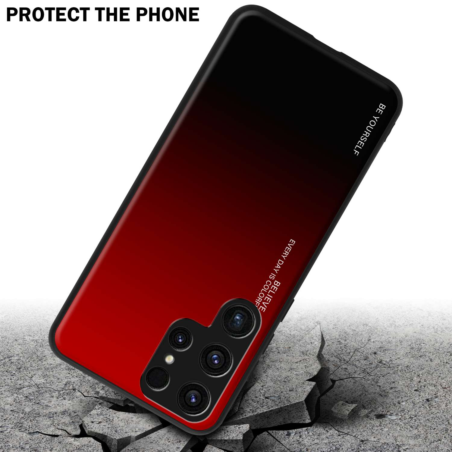 Custodia per telefono con sfumatura rossa e nera. La custodia mostra le fotocamere del telefono e una superficie incrinata.