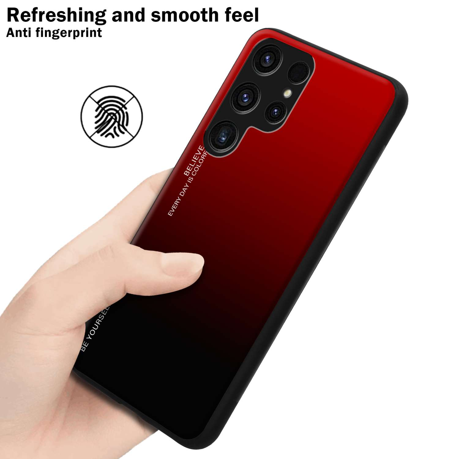 Una mano che tiene una custodia per telefono con una sfumatura rossa e nera. Il retro ha obiettivi della fotocamera.