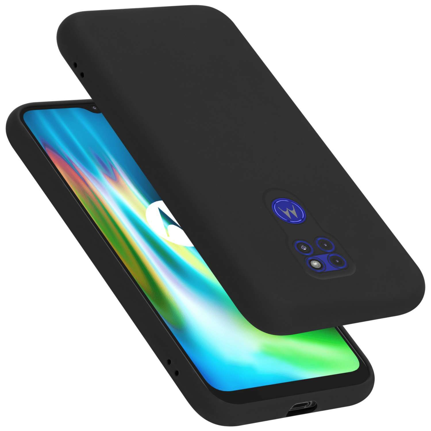 Schwarze Handyhülle und Telefon. Die Hülle ist leicht über dem Bildschirm angehoben.