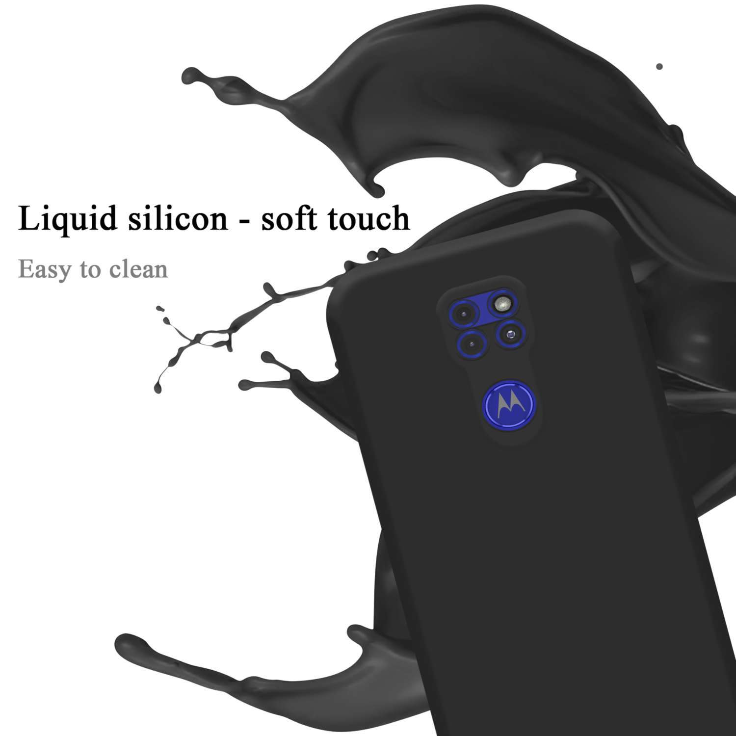 Schwarze Handyhülle mit Flüssigsilikon, einem Telefon und einem Spritzer.