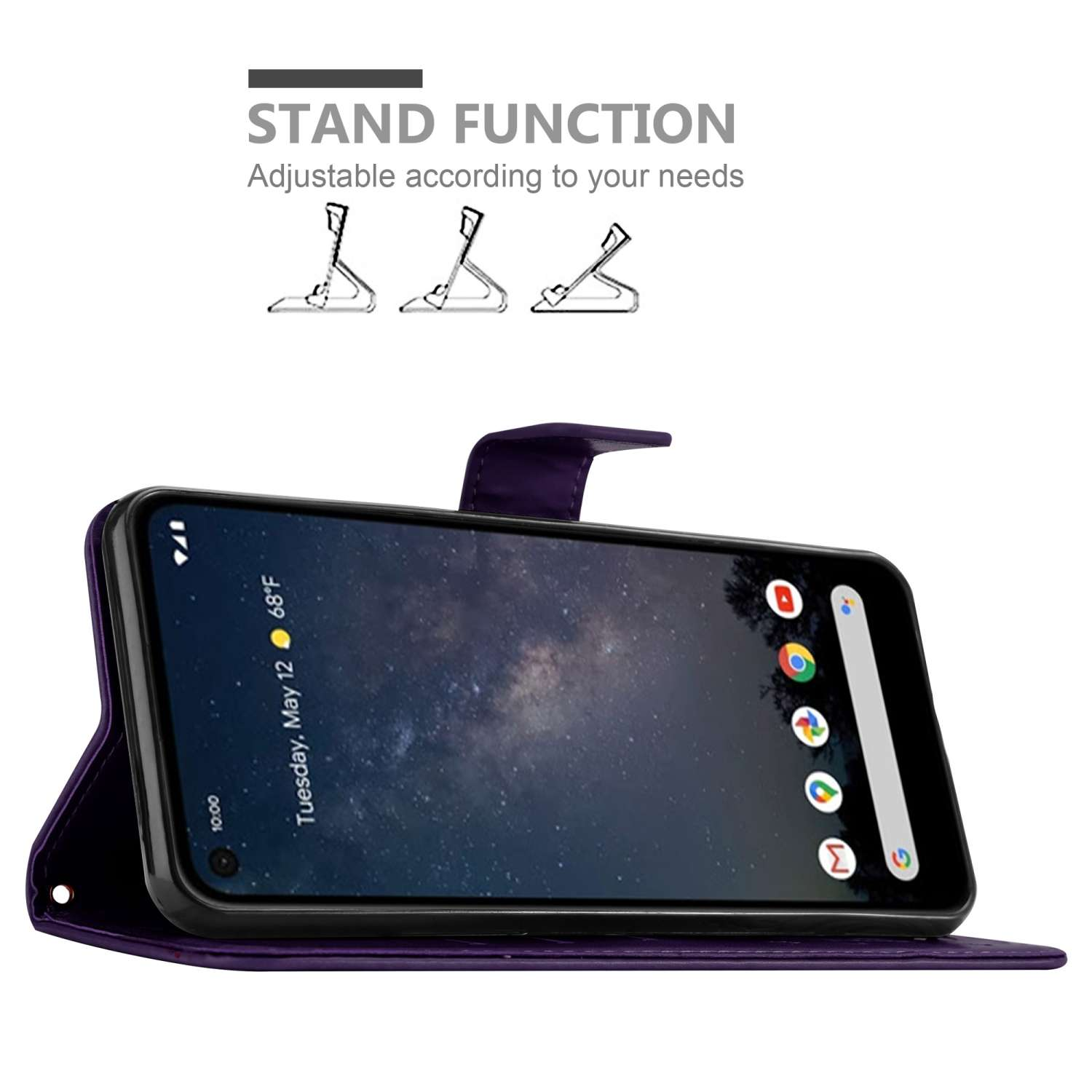 Custodia viola con telefono in posizione stand. Icona funzione stand sopra.