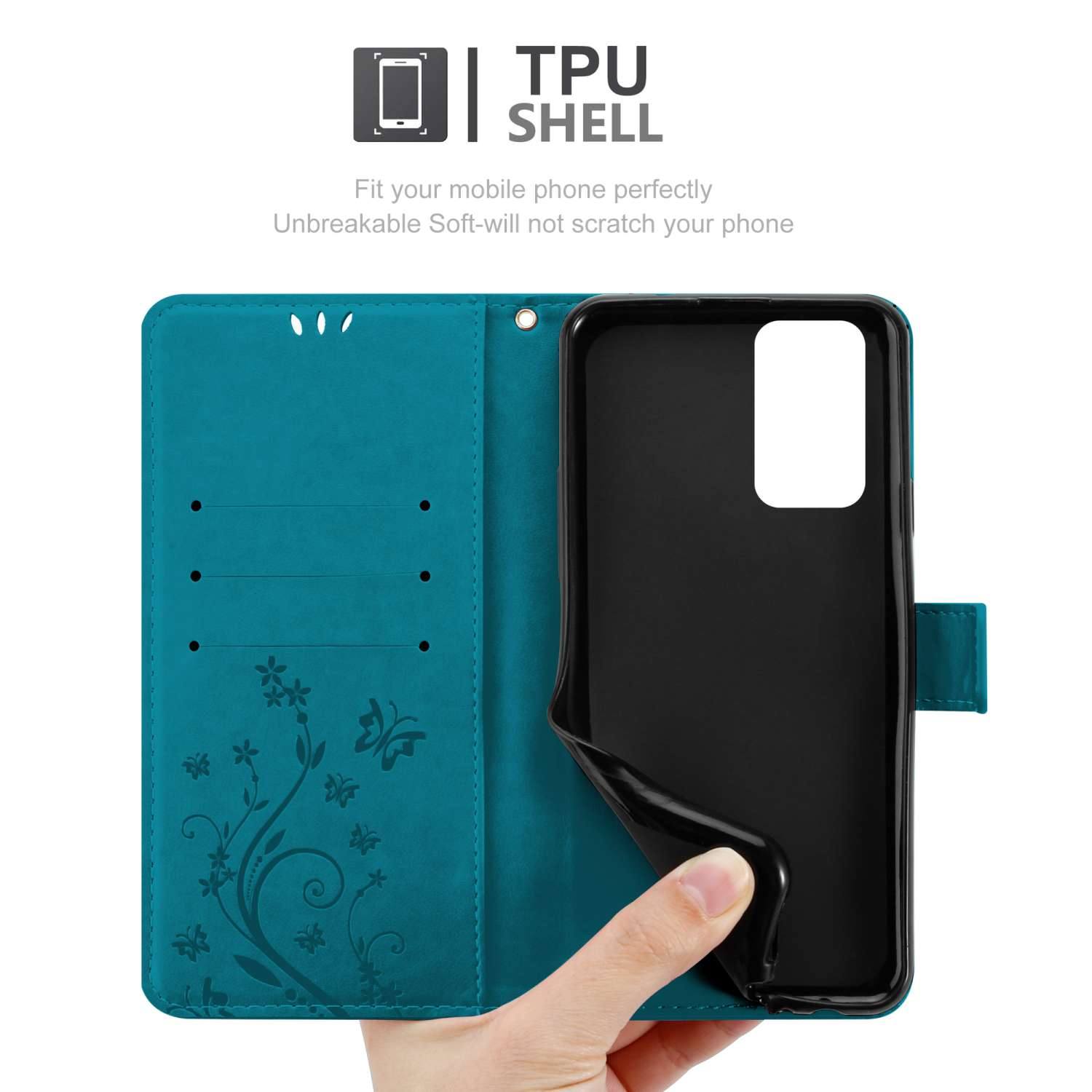 Custodia per telefono verde acqua aperta per rivelare un supporto per telefono nero, con una mano che lo tiene.