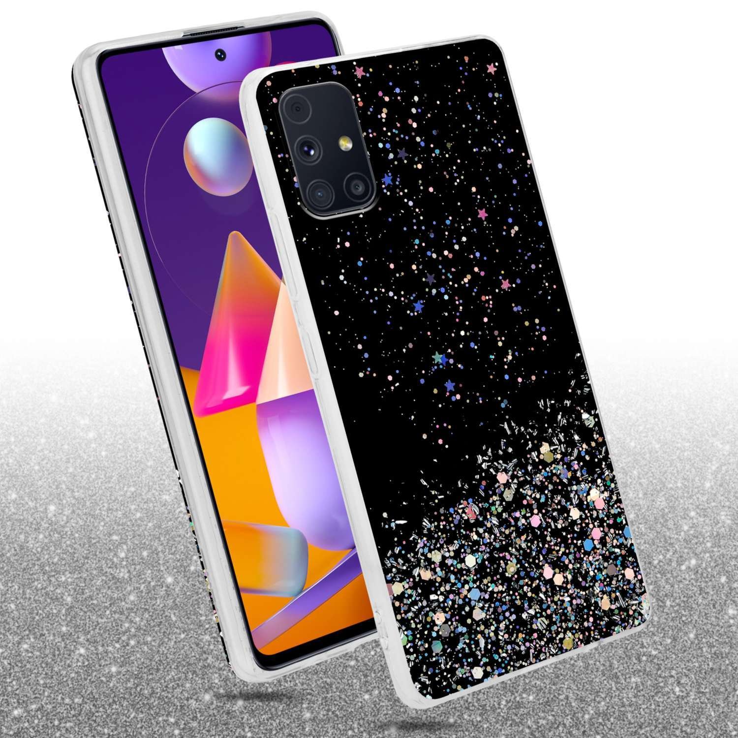 Una custodia per telefono con un design glitterato nero, con telefono parzialmente visibile.