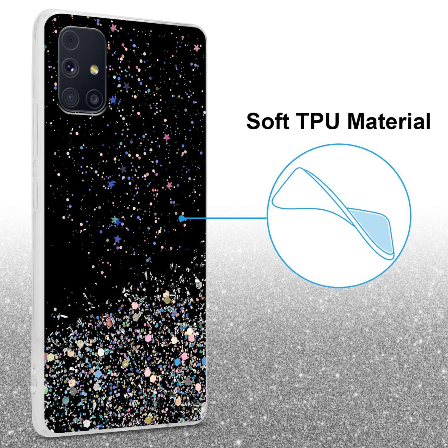 CADORABO Schutzhülle mit Galaxy Schwarz Glitter Samsung, Glitter, M31s, funkelnden mit Backcover