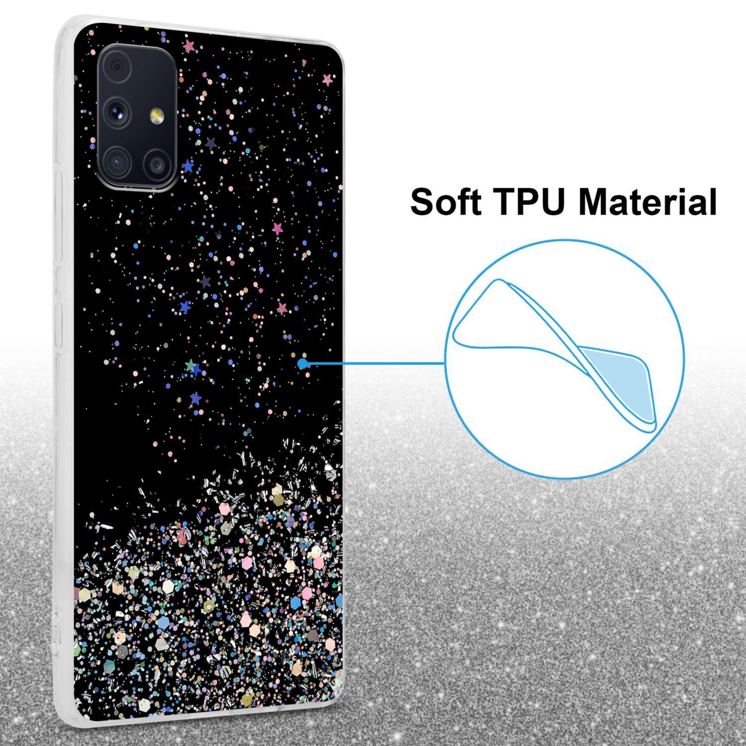 Custodia nera per telefono con design glitterato. Testo: Materiale TPU morbido.