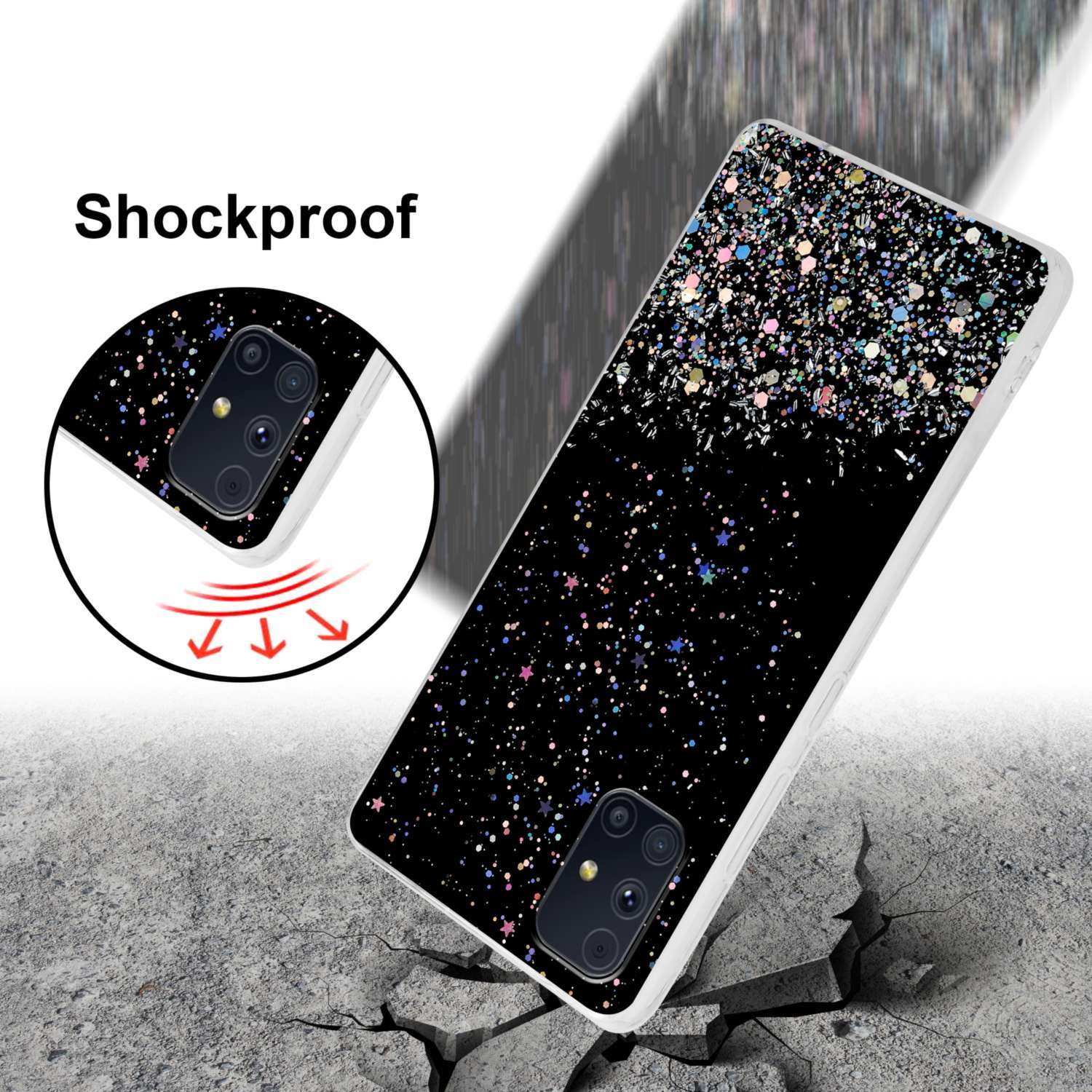 Custodia per telefono con design glitterato e stelle. Testo antiurto con crepe sotto. Telefono a sinistra.