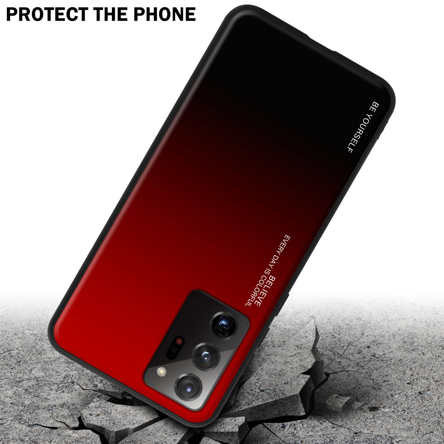 Custodia per telefono rossa e nera, appoggiata su cemento crepato, che mostra un telefono.