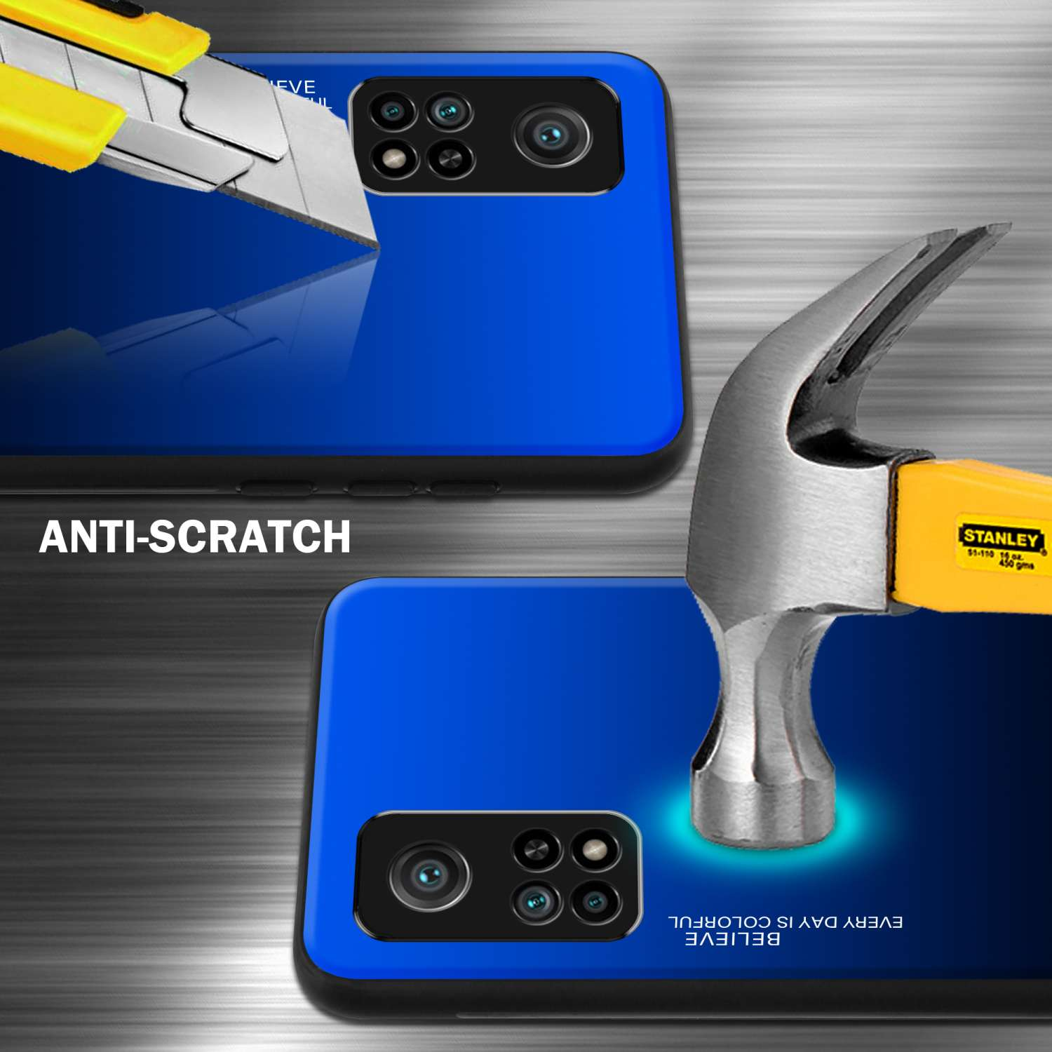 Due custodie per telefono: una blu con un taglierino giallo e una blu con un martello in procinto di colpire.