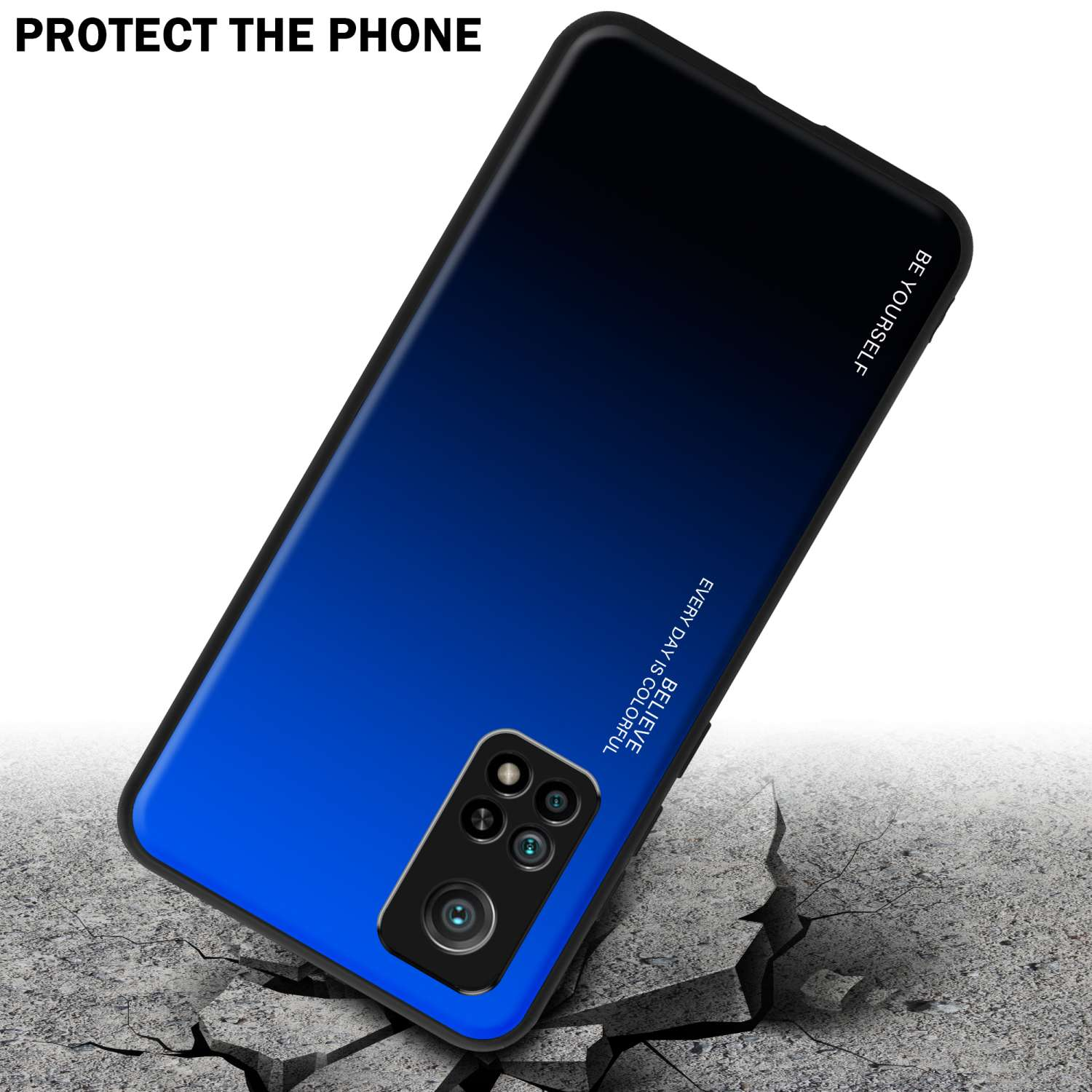 Custodia blu e nera con telefono all'interno. Custodia su superficie incrinata.