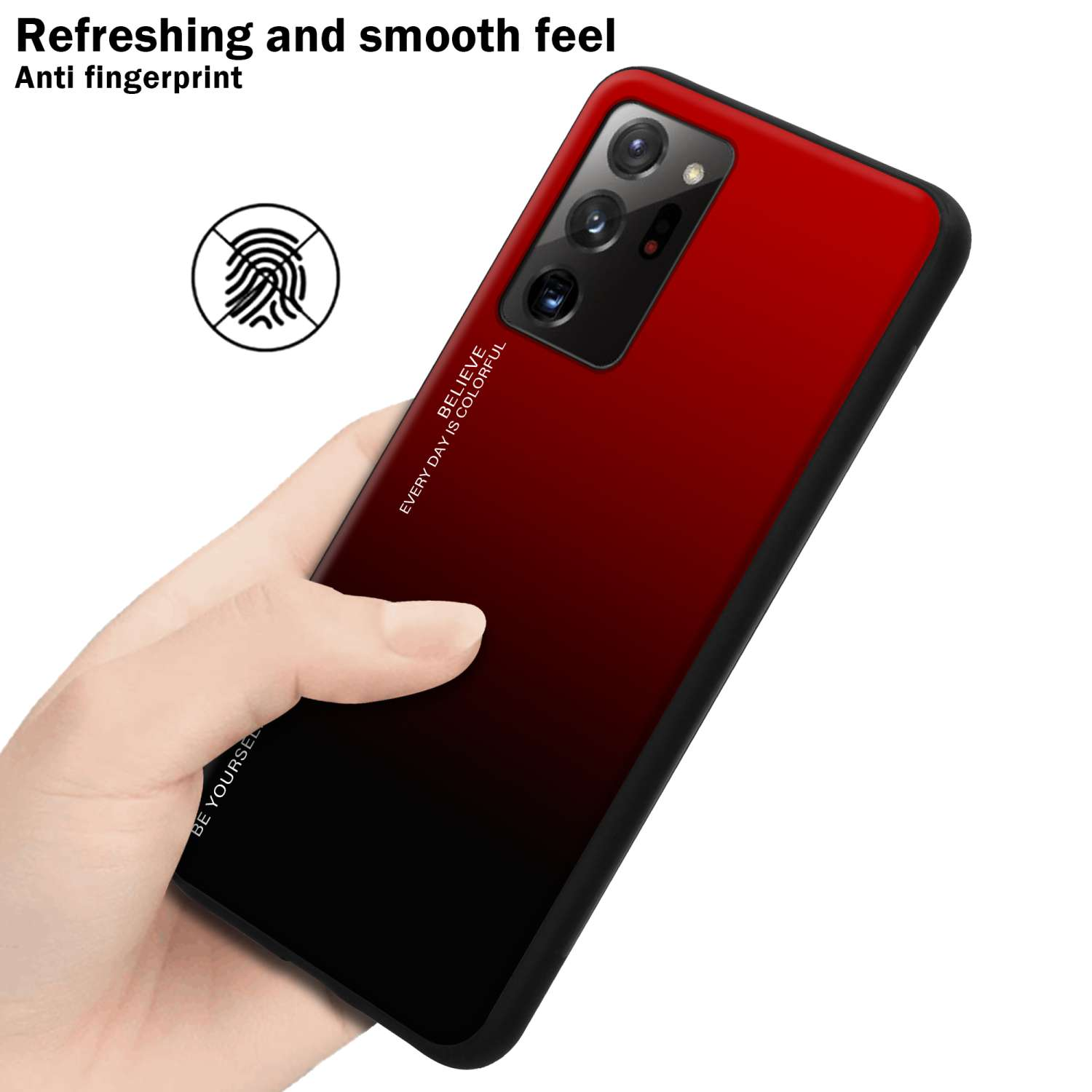Una mano che tiene una custodia per telefono con un design sfumato. La custodia è rossa a nera con testo.