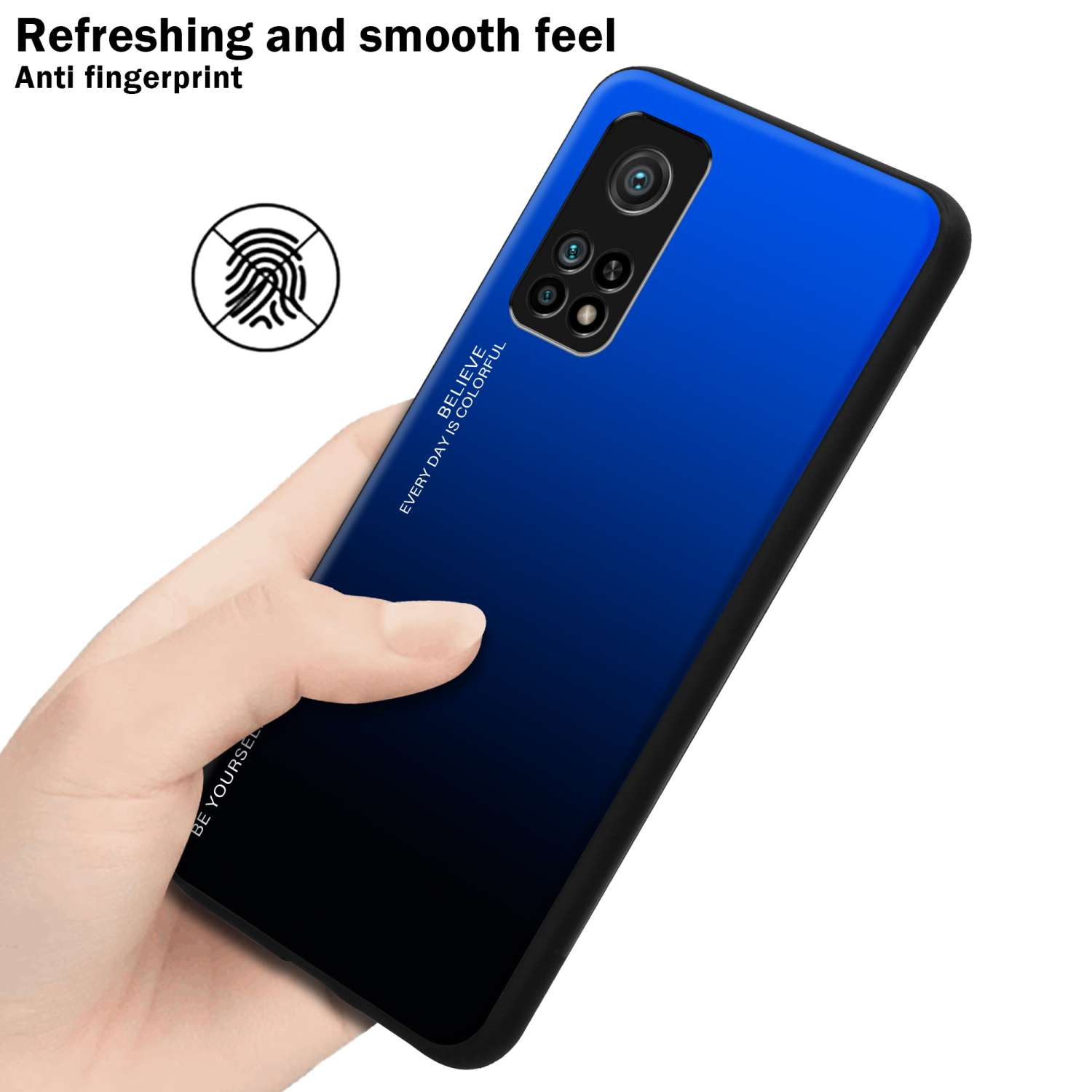 Mano che tiene il telefono con retro sfumato blu-nero. Icona impronta digitale.