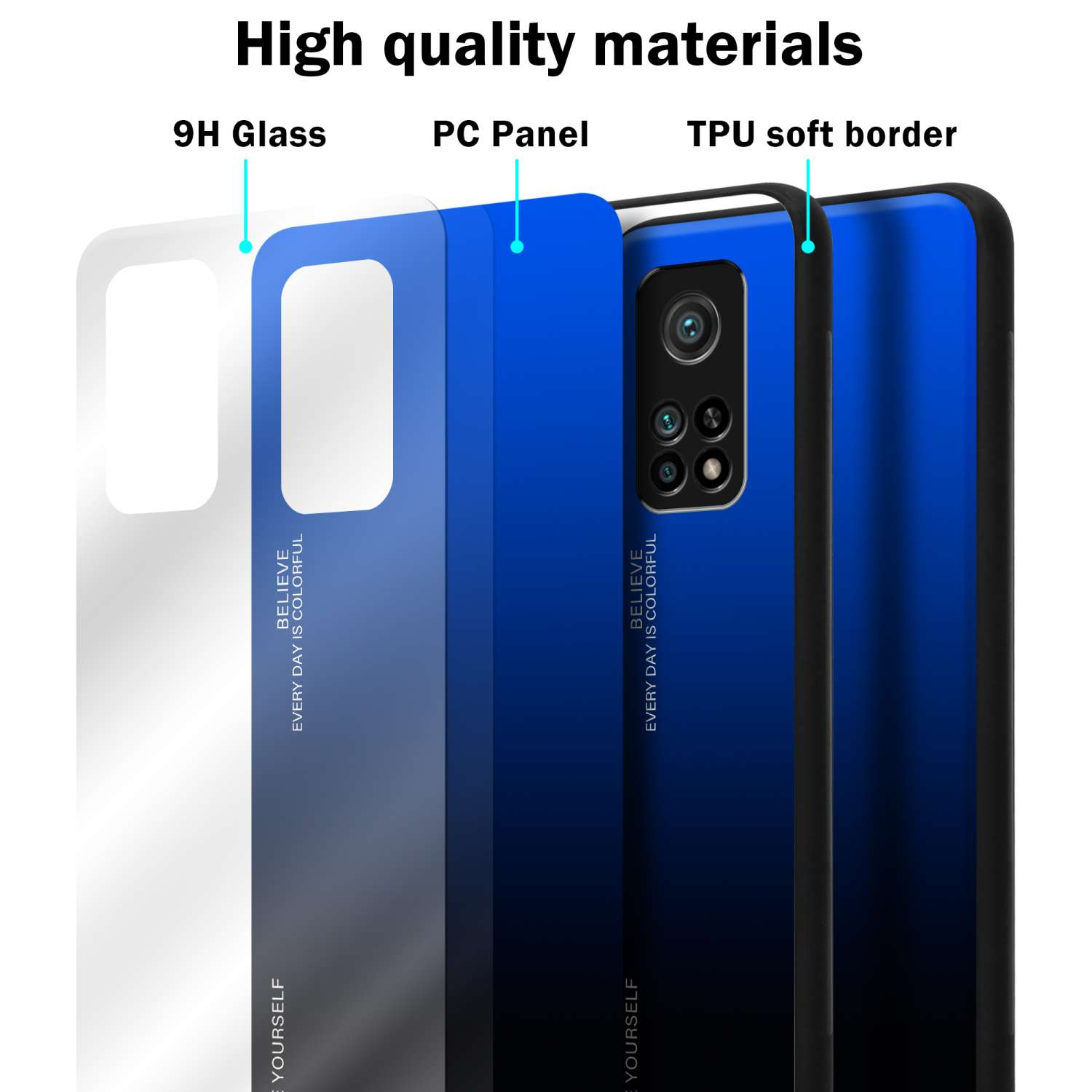 Una custodia per telefono con più strati. Gli strati sono etichettati come 9H Glass, PC Panel e TPU soft border.