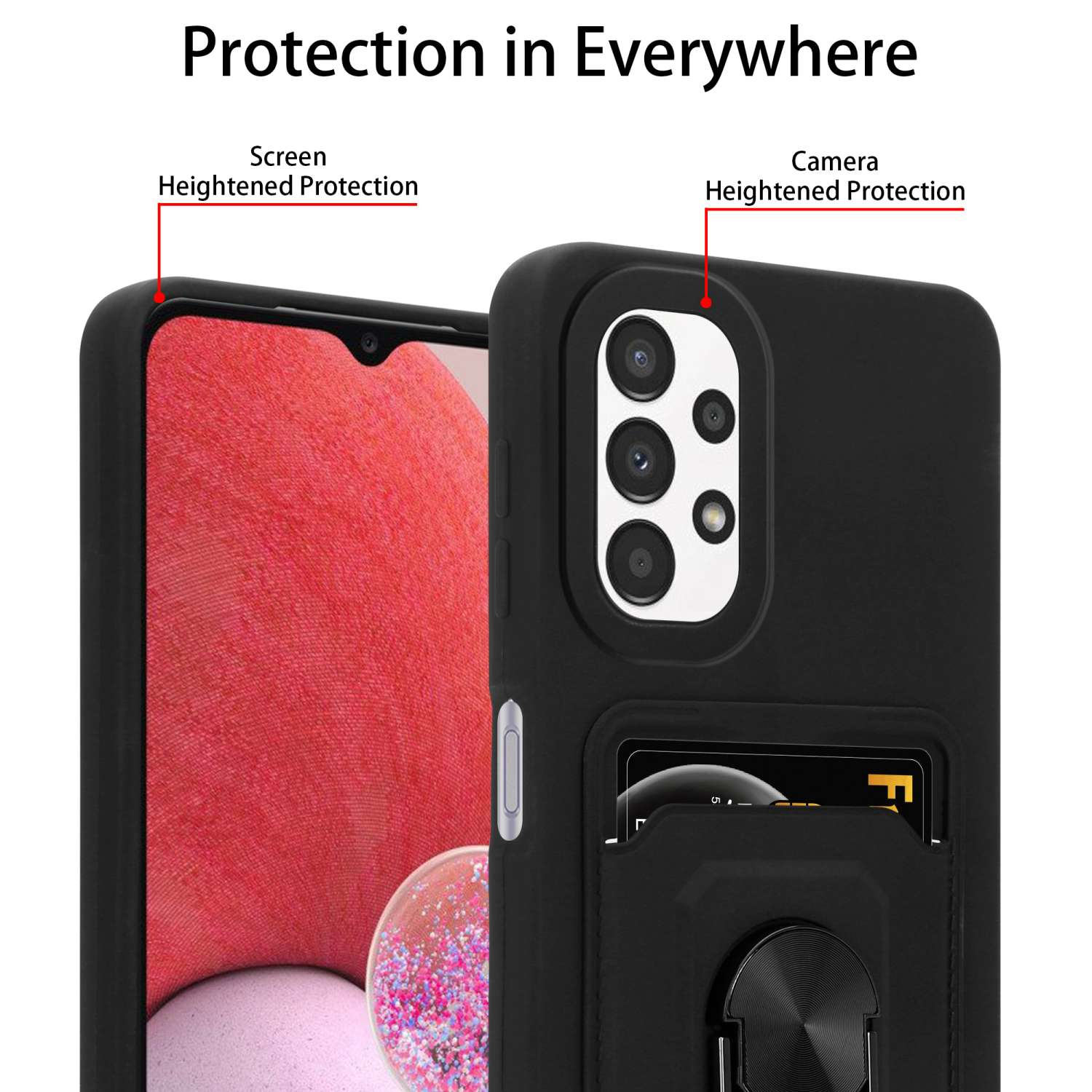 Coque de téléphone noire avec découpe caméra, porte-carte et le slogan 'Protection Everywhere'.