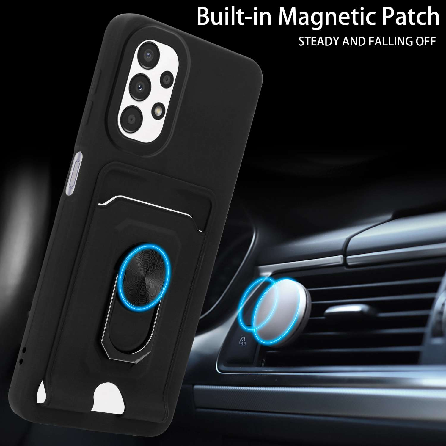 Coque de téléphone noire avec support d'anneau magnétique et système de ventilation de voiture.