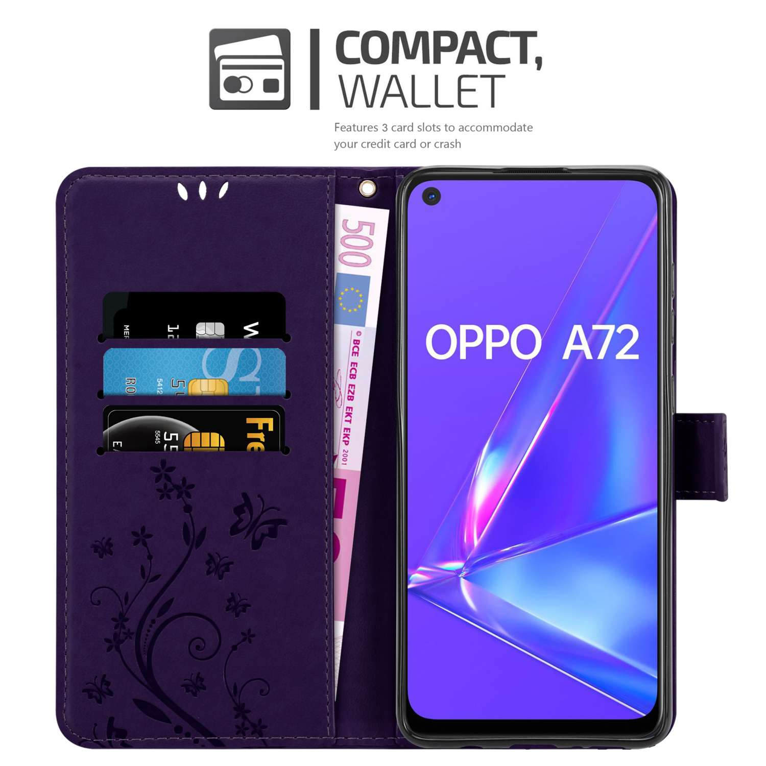 Custodia viola, aperta, con telefono, carte e denaro, con testo portafoglio compatto.