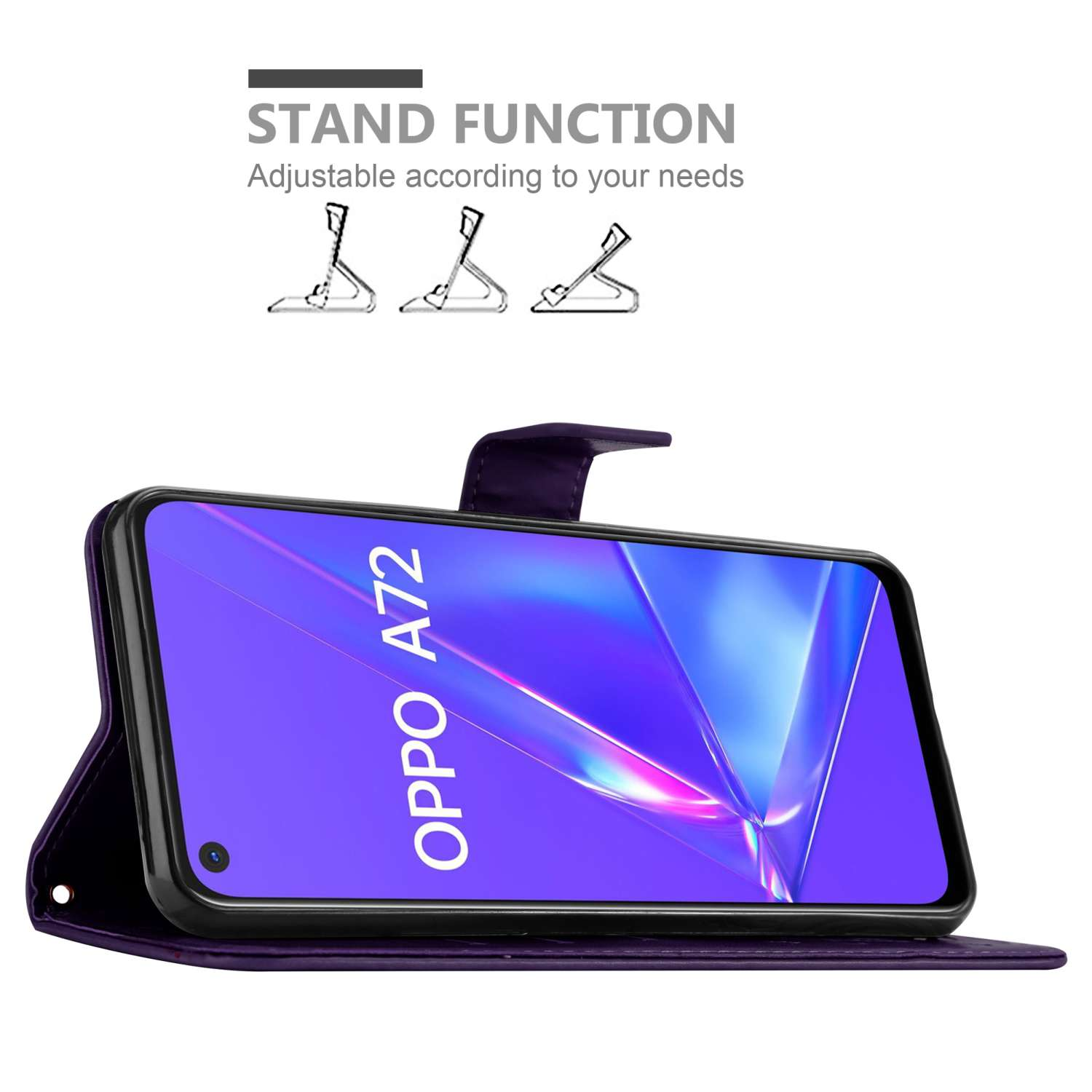 Custodia per telefono viola con telefono. Il telefono mostra OPPO A72. La custodia ha la funzione di supporto. L'immagine mostra un supporto regolabile.