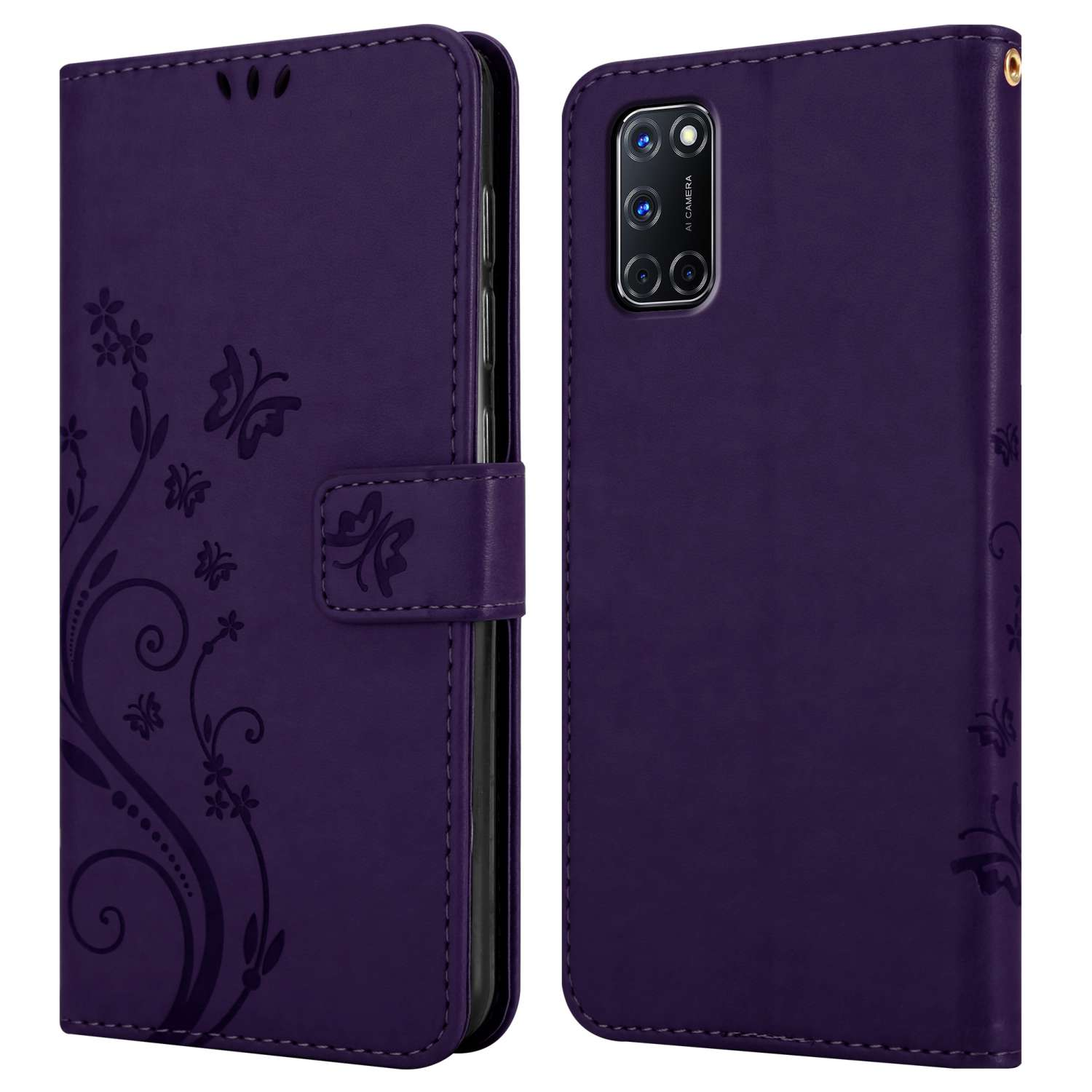 Custodia viola con un disegno a farfalla. Custodia aperta, che mostra il telefono. Sfondo bianco.