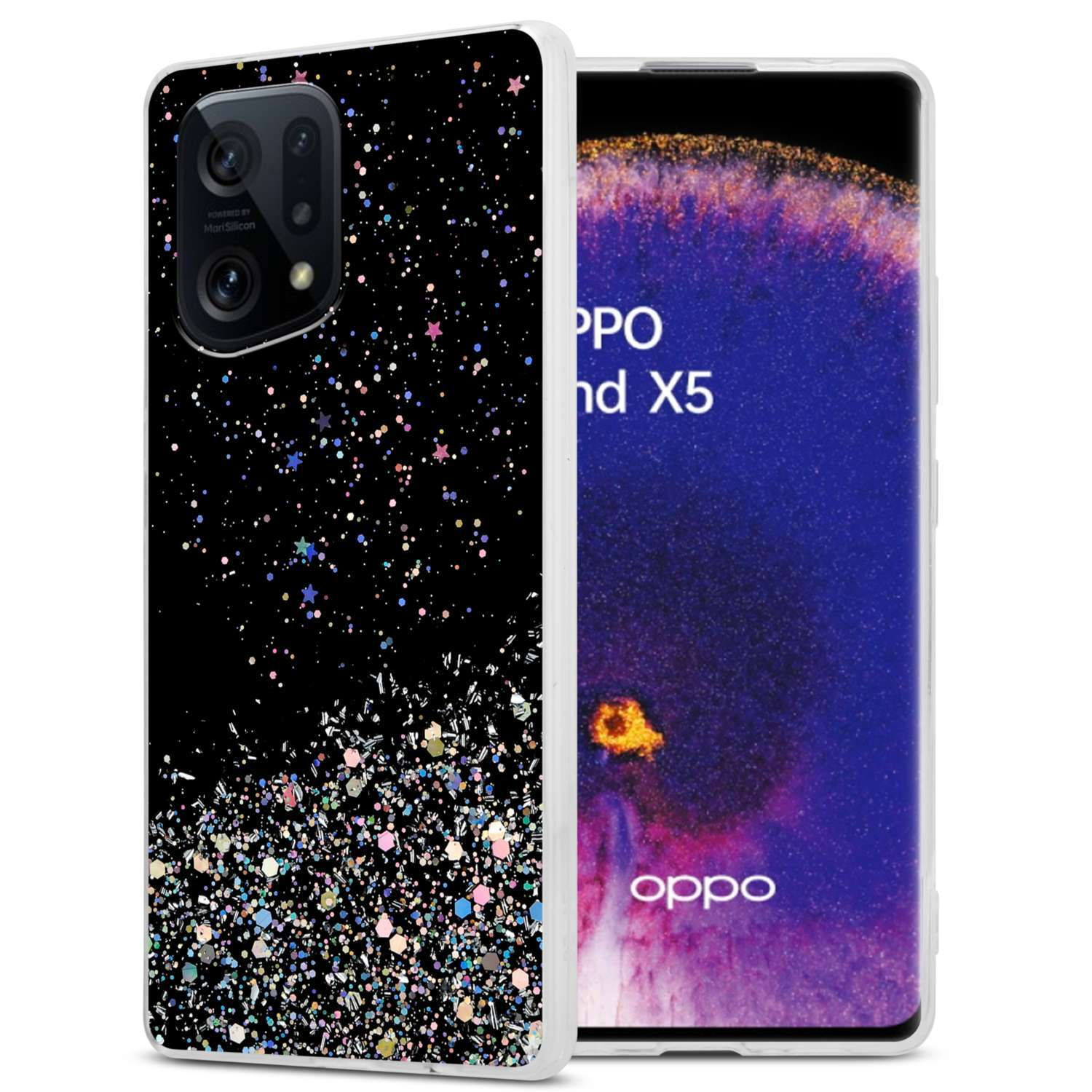Telefono con custodia nera, ricoperto di glitter e stelle. Il telefono è su sfondo bianco. Marchio Oppo.