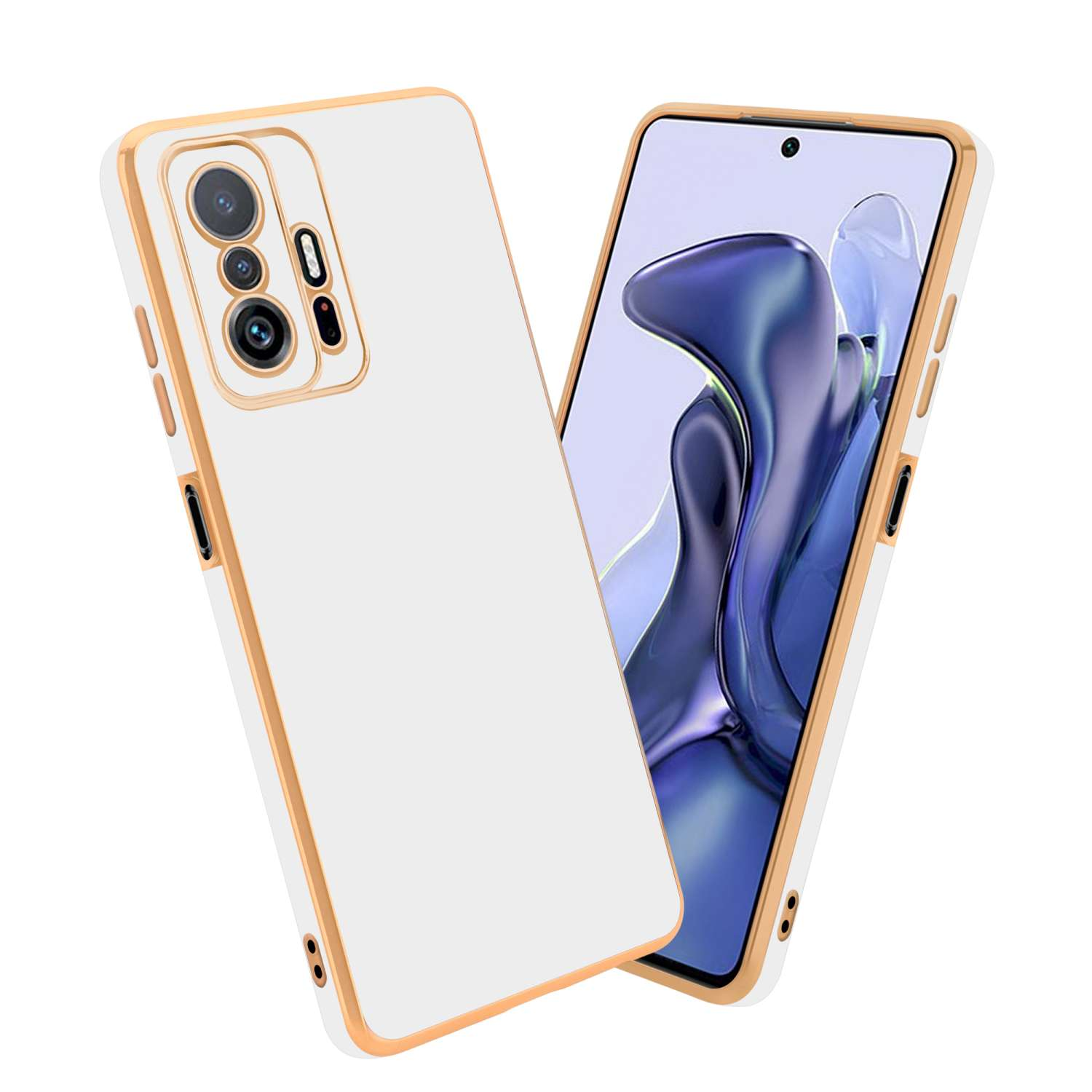 Weiße und goldene Handyhüllen, zwei Telefone, abgewinkelt. Telefone haben Kameras.