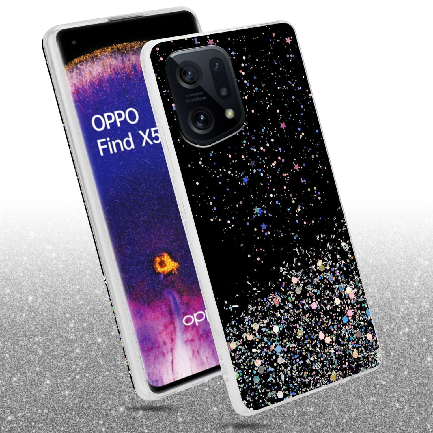 Custodia nera con glitter, un telefono dietro. La custodia ha un design glitterato.