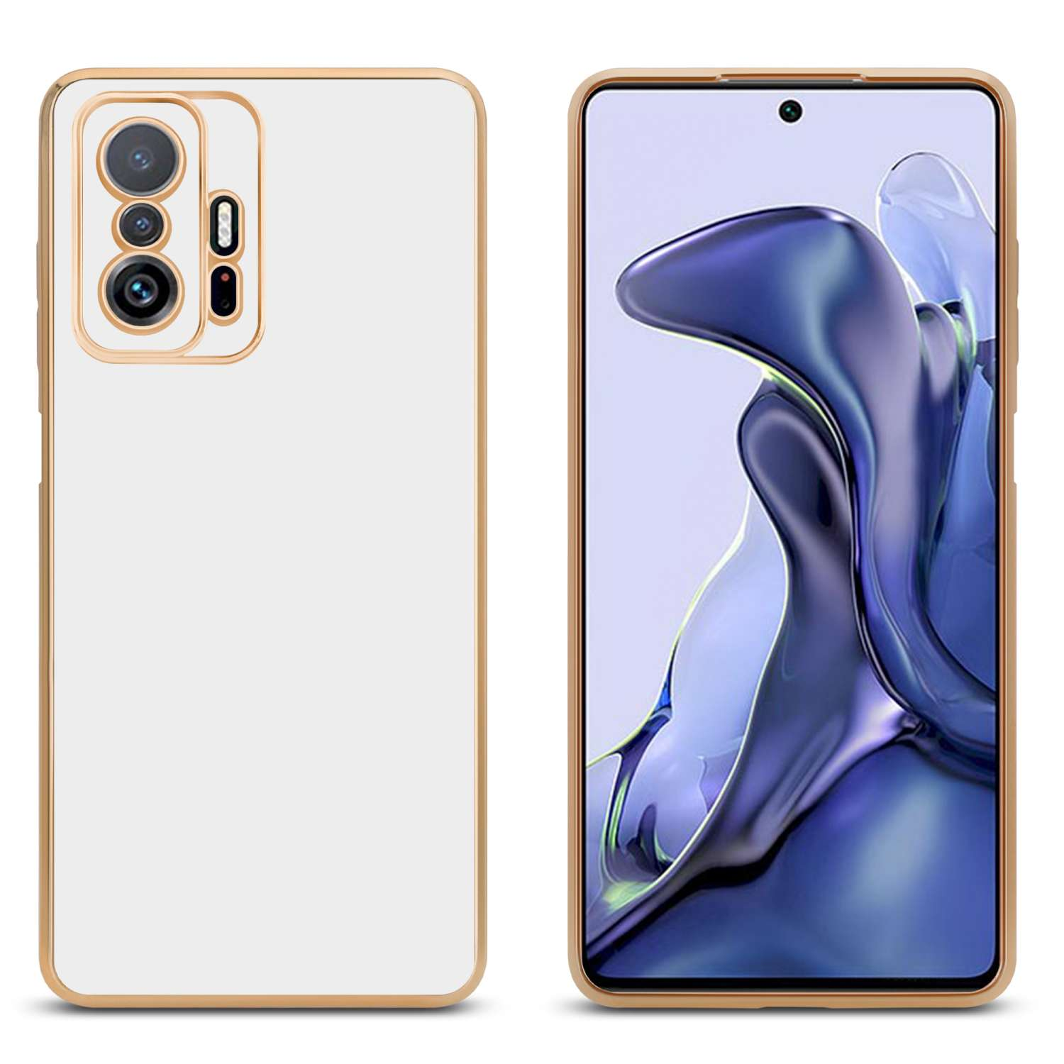 Zwei Smartphones mit Hüllen, eines weiß mit goldfarbenem Rand, eines mit blauem Bildschirm.