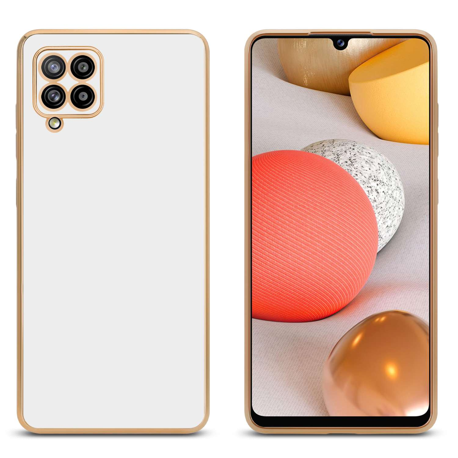 Un telefono con retro bianco e finiture dorate. Il telefono è accanto a una custodia con finiture dorate.