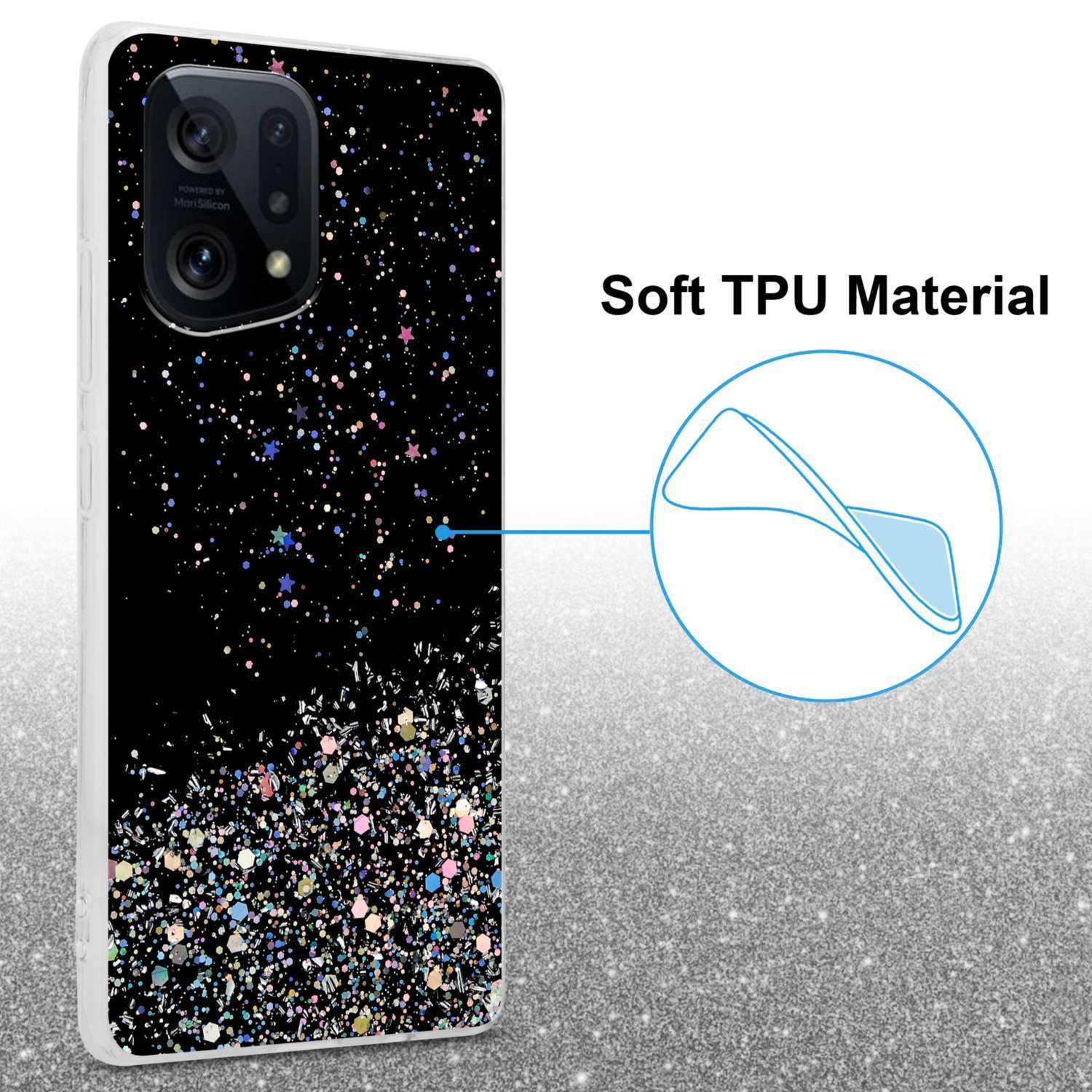 Custodia nera per telefono con effetto glitter. Testo: "Materiale TPU morbido" e dettaglio circolare.