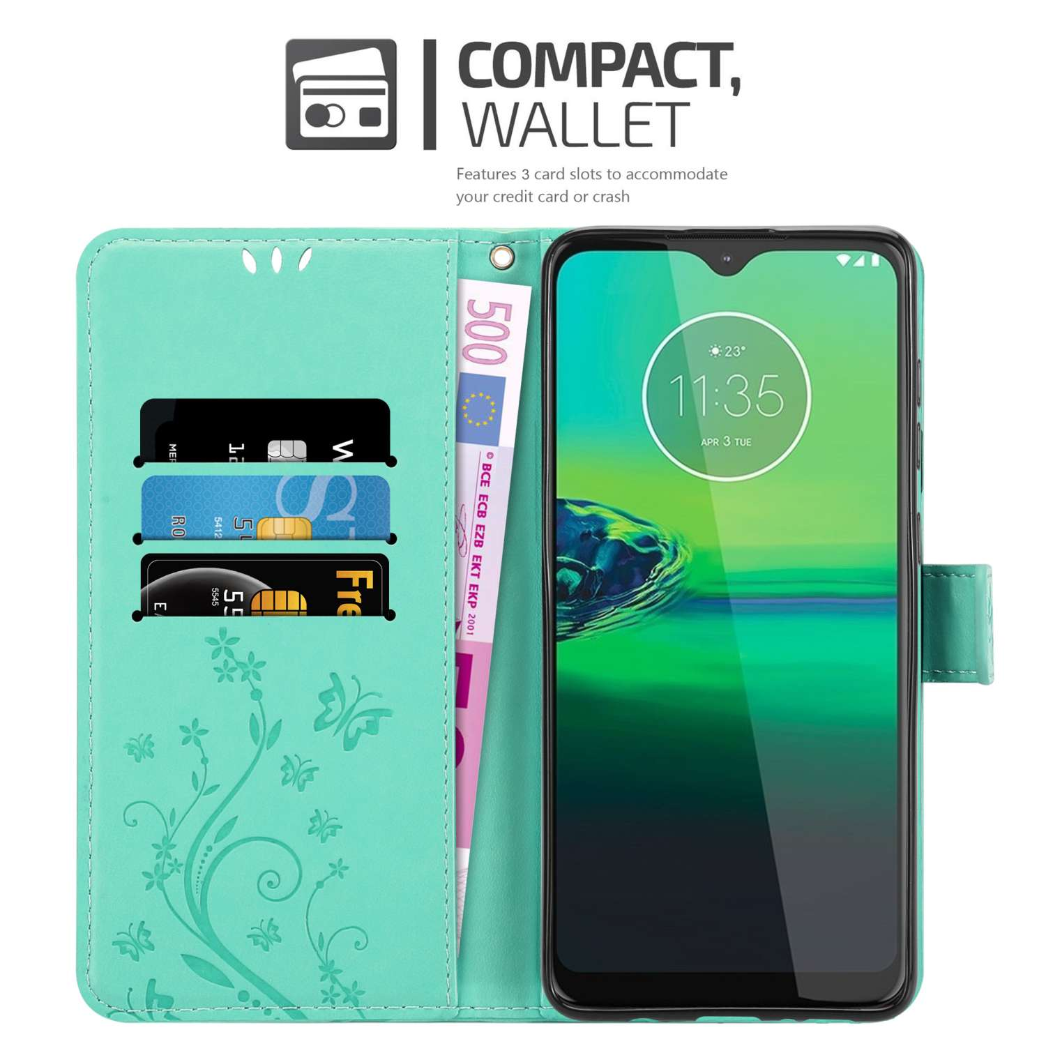 Custodia a portafoglio turchese con scomparti per carte, denaro e un telefono. Testo: Compatto, Portafoglio. Design floreale.
