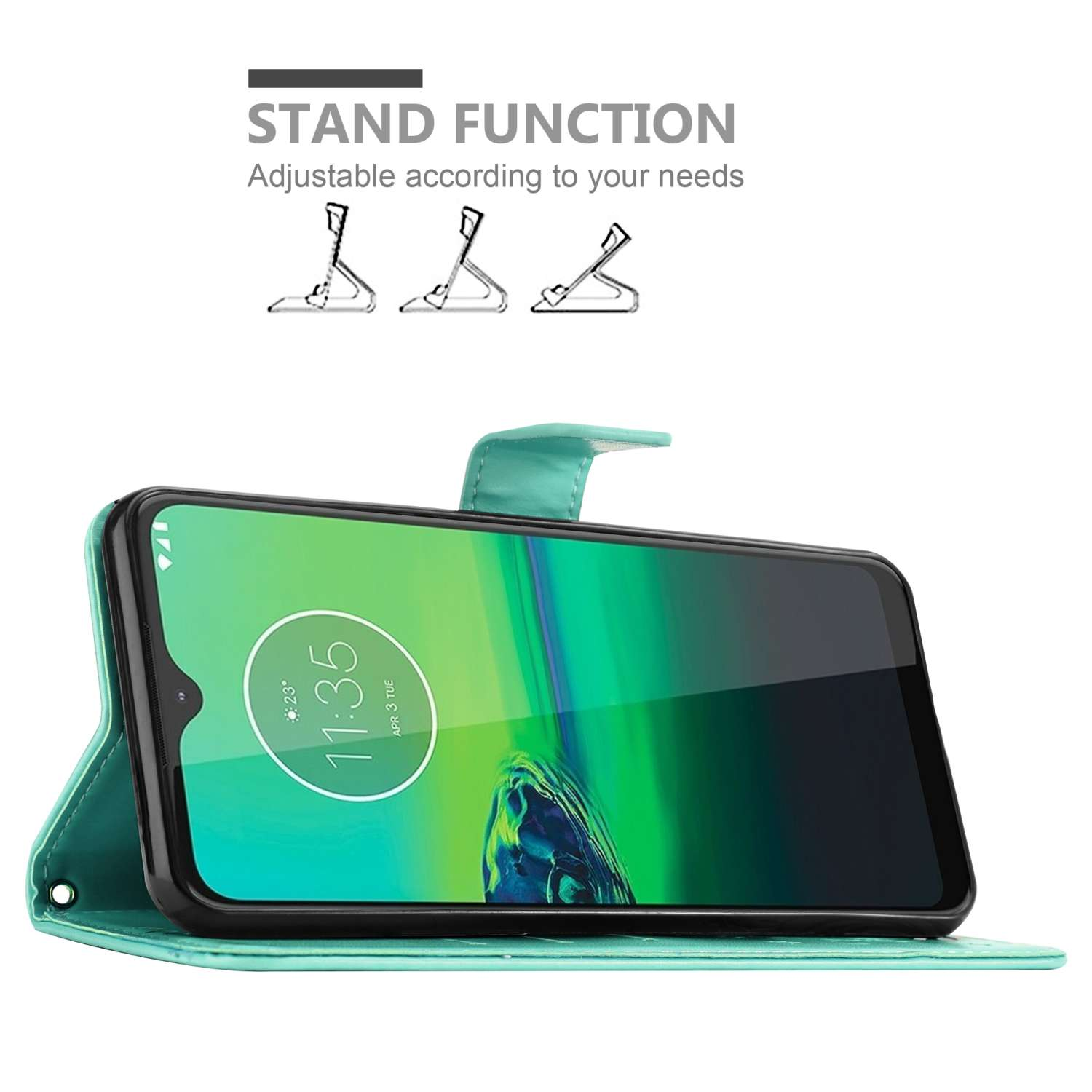 Un telefono in una custodia a portafoglio verde acqua, sollevato. Lo schermo mostra l'ora. La custodia ha una funzione di supporto.