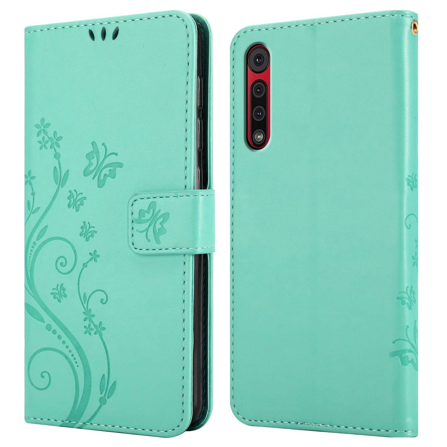Una custodia per telefono verde con un telefono all'interno. La custodia ha un design floreale.