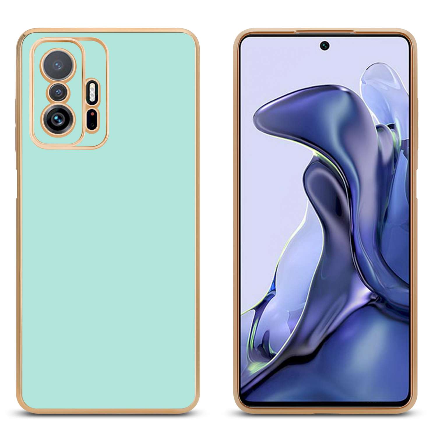 Telefon mit hellblauem Gehäuse und goldenem Rahmen, der Bildschirm ist eingeschaltet. Das Gehäuse ist links.