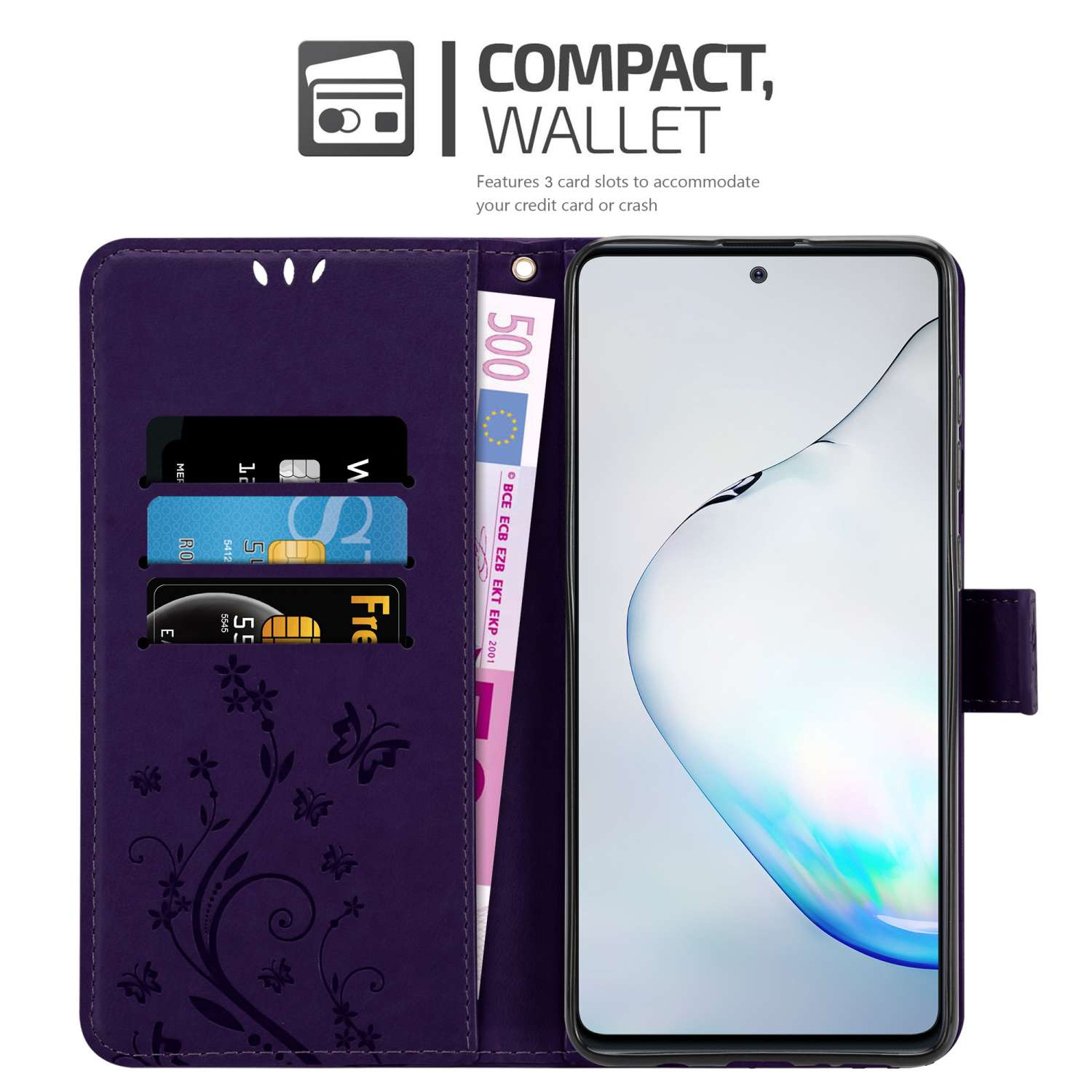 Custodia viola aperta con scomparti per carte e un telefono. Mostra banconota da 500€ e carte.