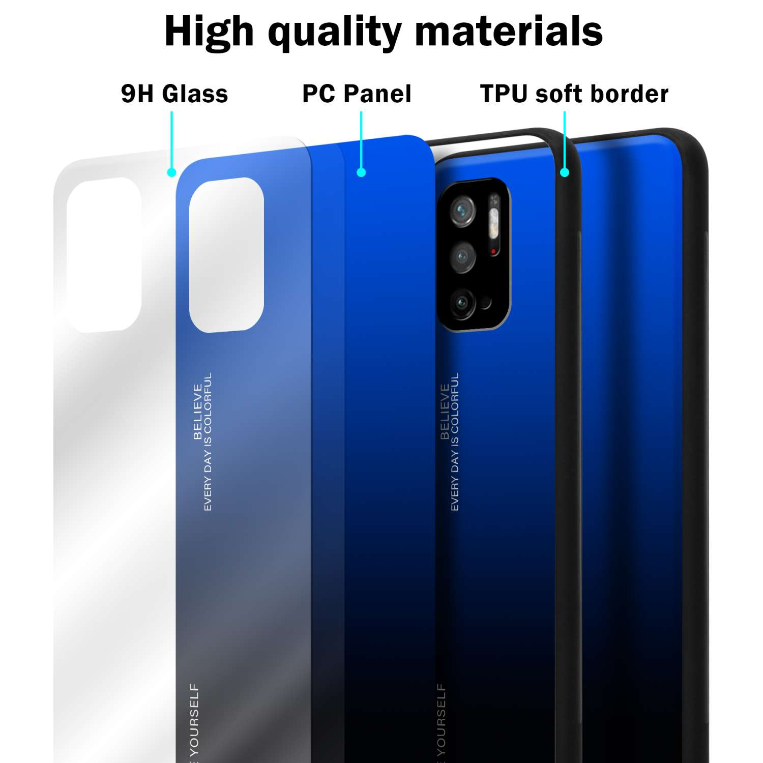 Strati della custodia del telefono: vetro 9H, pannello PC, bordo in TPU. Colore sfumato blu-nero. Testo: Credi che ogni giorno sia colorato.