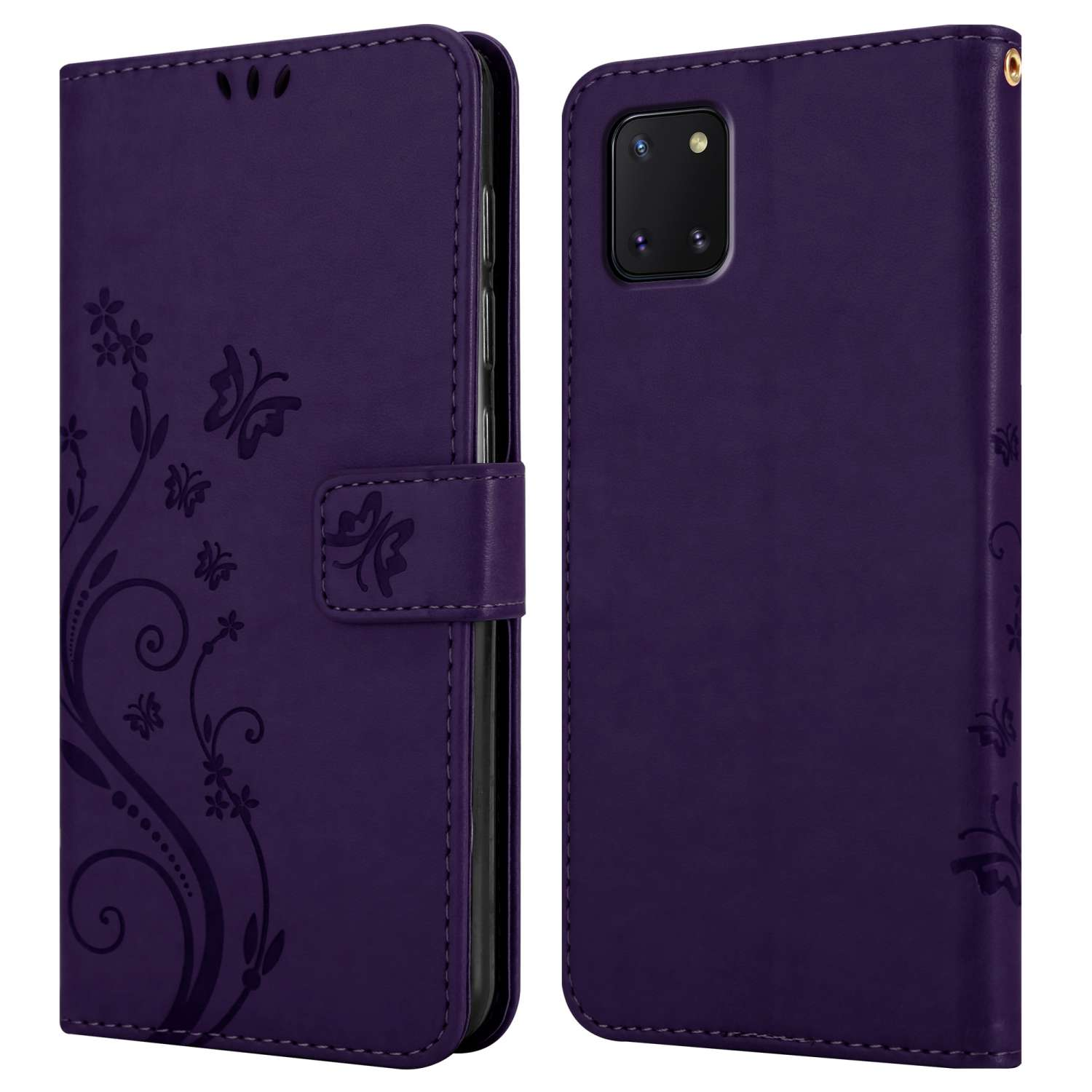 Custodia a portafoglio viola con design floreale. Chiusura magnetica e telefono.