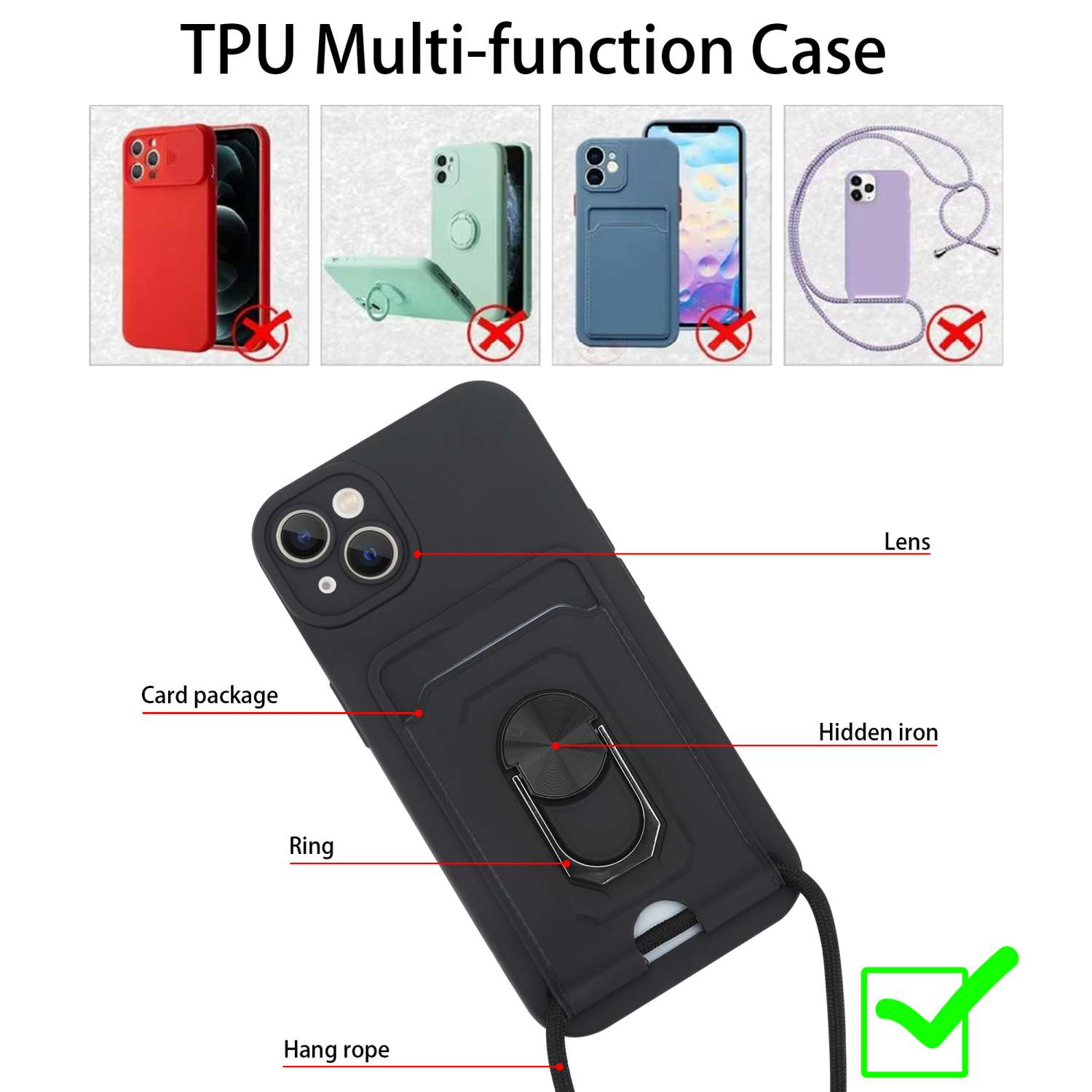 Una custodia per telefono nera con varie caratteristiche, tra cui un porta anello e un pacchetto di carte. Spunta visibile.