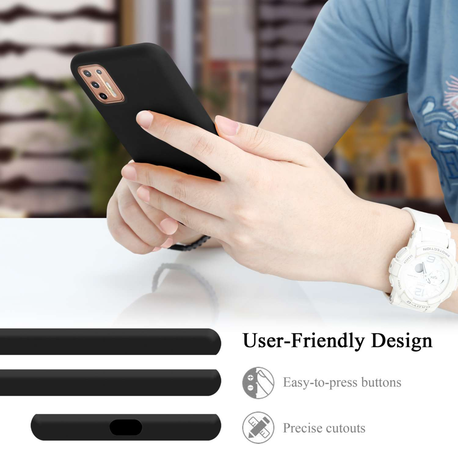 Persona che tiene un telefono nero. Testo Design intuitivo e icone di pulsanti e ritagli.