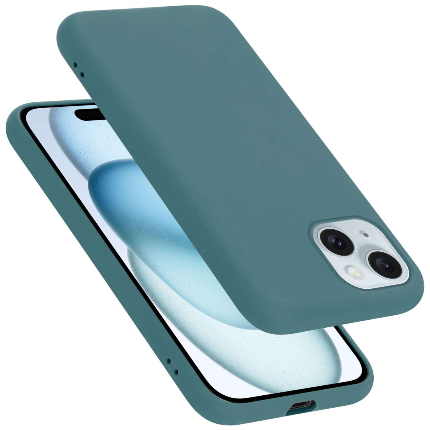 Türkisfarbene Handyhülle, mit Telefon darin. Das Telefon hat einen blauen Bildschirm. Weißer Hintergrund.