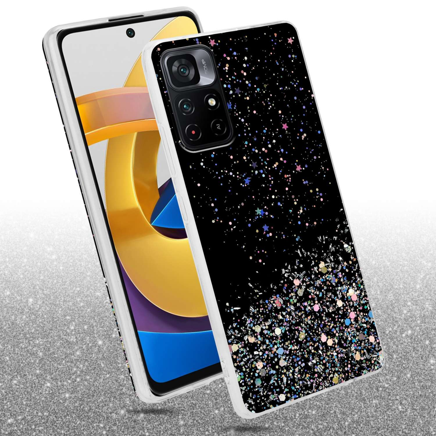 Telefono in una custodia nera con glitter. La custodia ha glitter. Sfondo bianco.