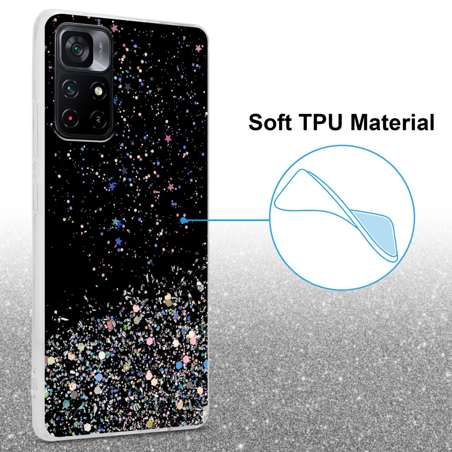 Custodia nera per telefono con un design stellato. Testo: Materiale TPU morbido. Glitter in basso. Fotocamera del telefono visibile.