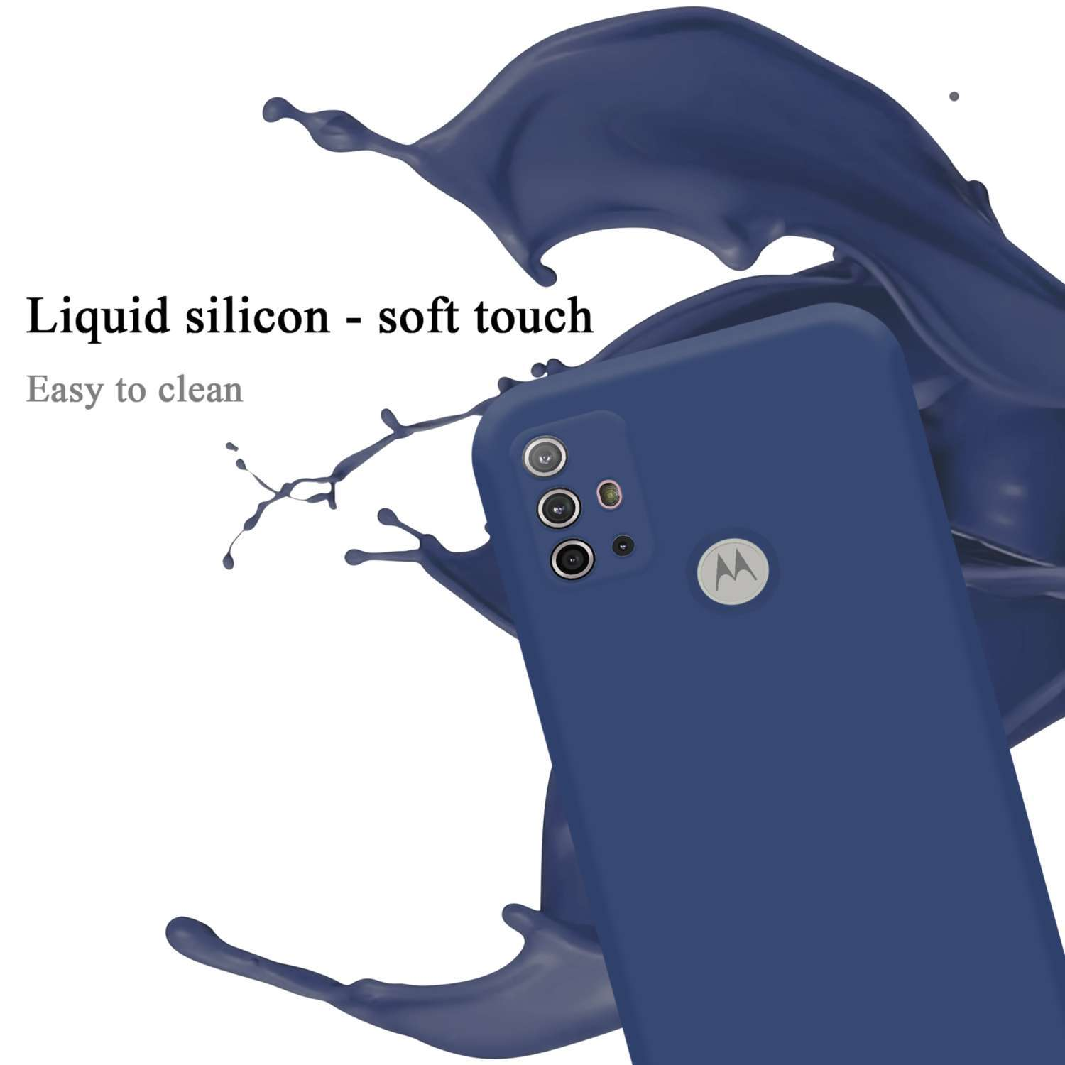 Una custodia blu per telefono con silicone liquido. Ha tre fotocamere e un logo. Spruzzo blu sullo sfondo.