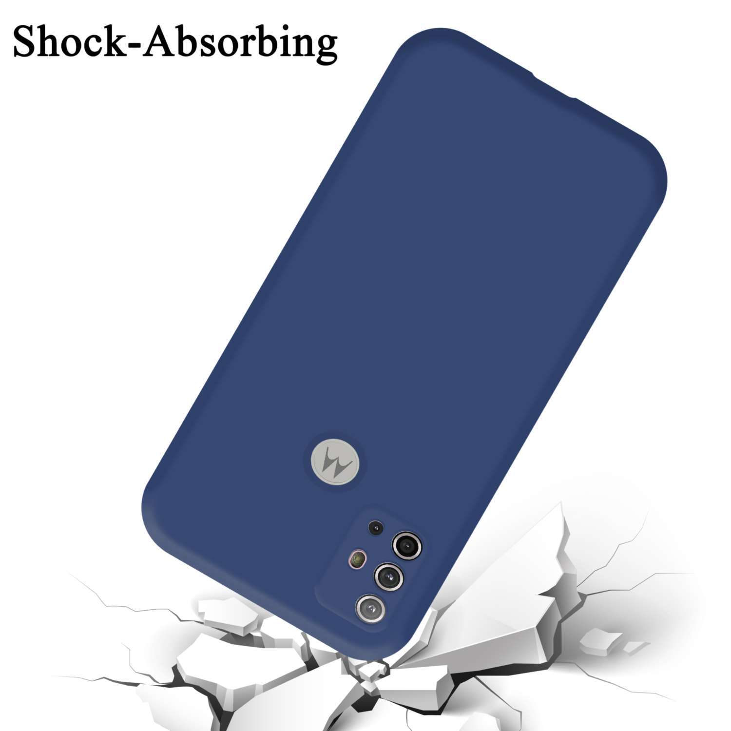 Una custodia blu per telefono cade, con un terreno bianco incrinato.