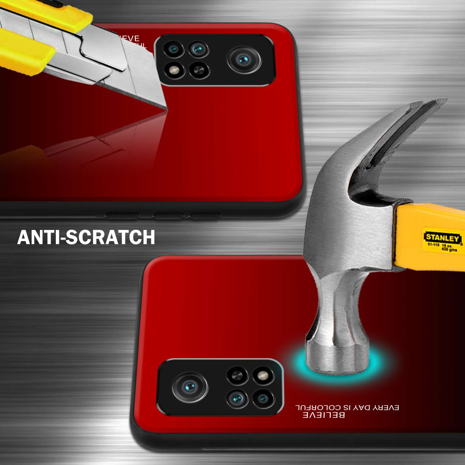 Telefono in custodia rossa testato con coltello e martello. Testo: antigraffio, credi.