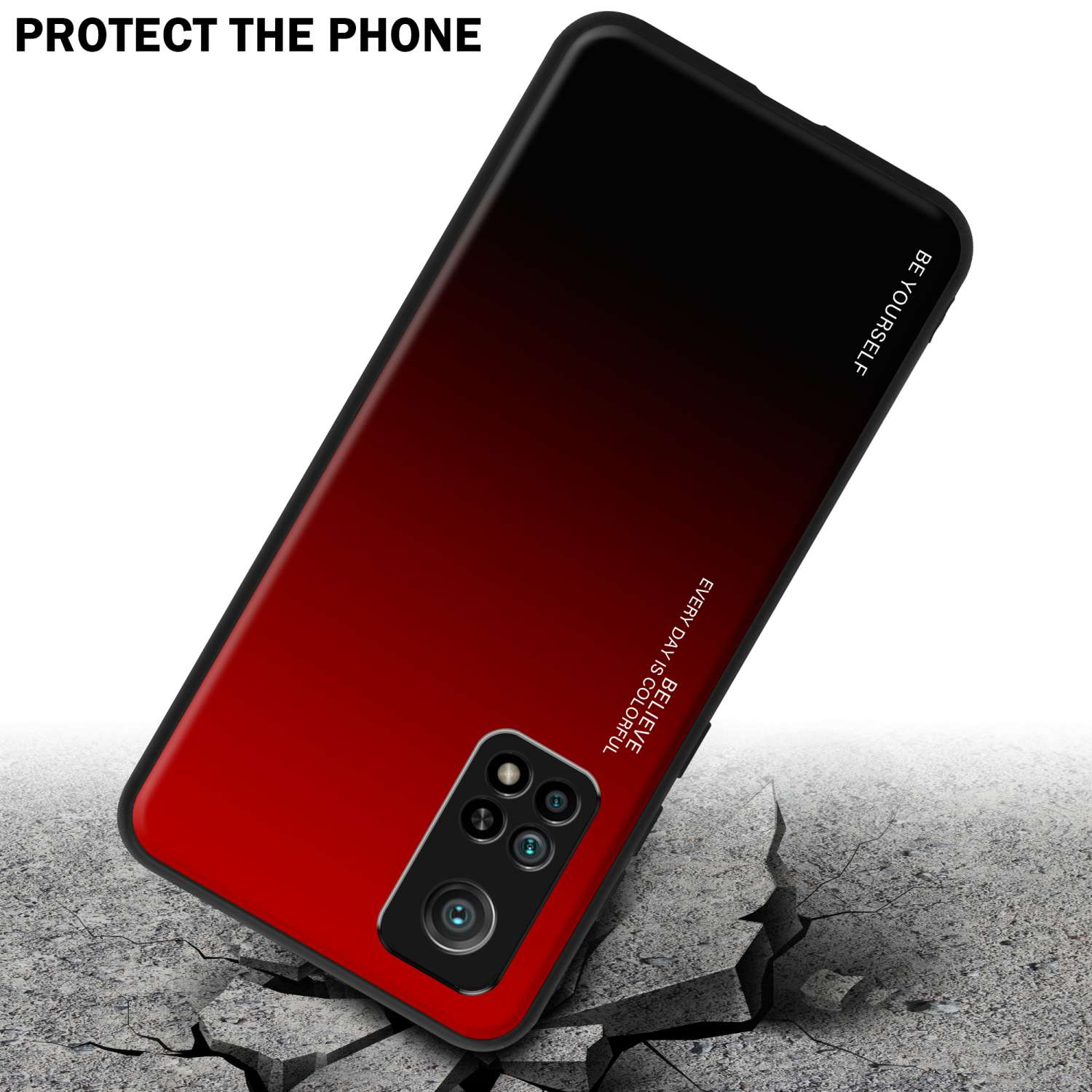 Custodia per telefono con sfumatura rosso-nera su cemento crepato. Testo: Proteggi il telefono. Sii te stesso, ogni giorno è colorato.