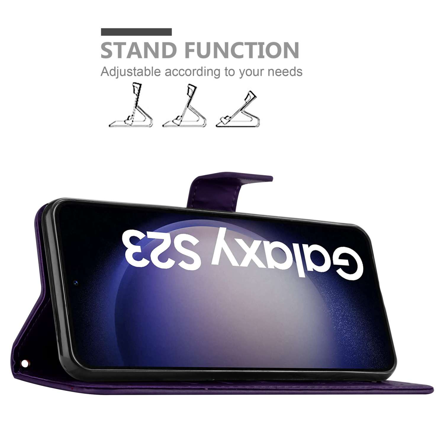 Custodia per telefono viola con telefono. Aperta, funzione supporto. Sfondo bianco con grafica.
