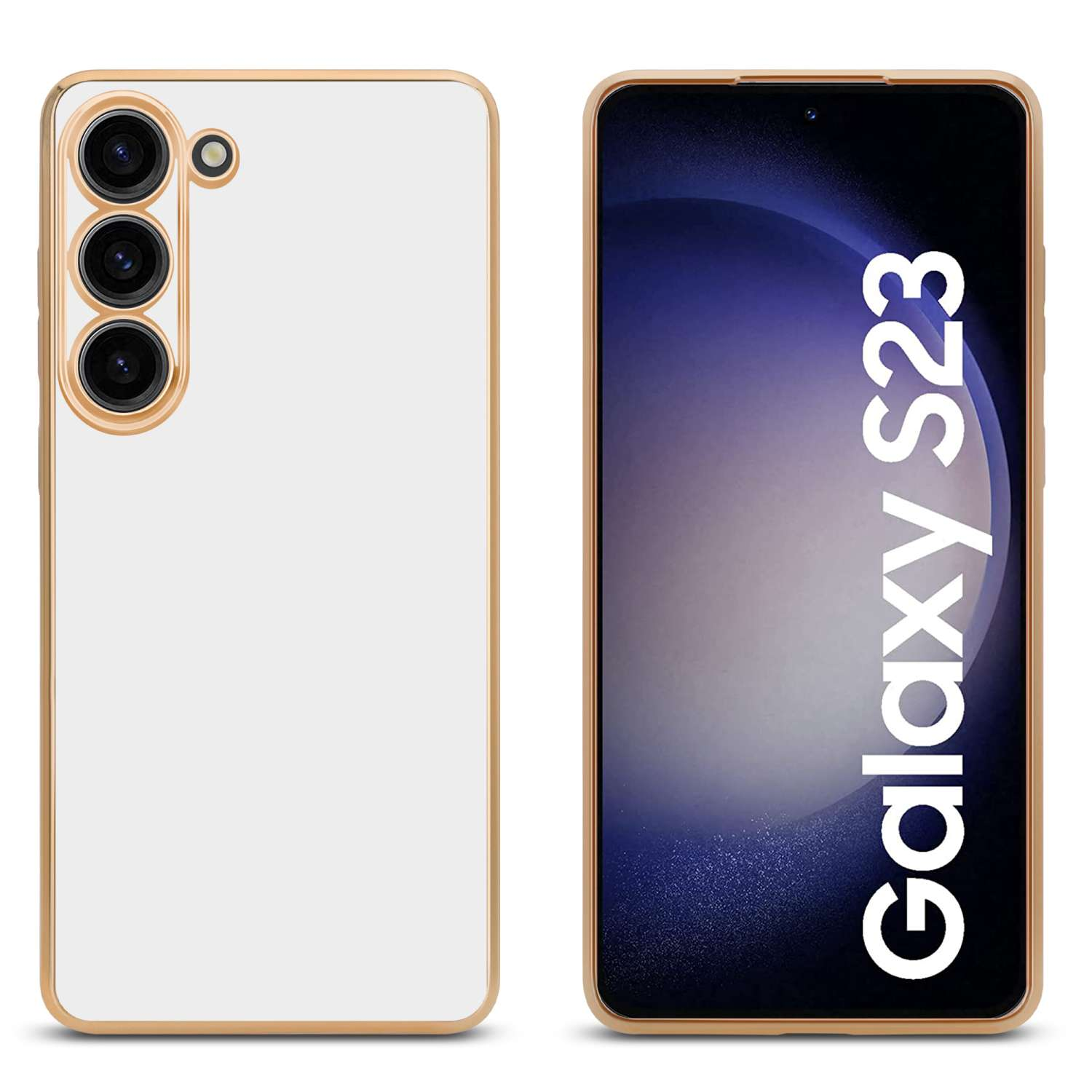 Glossy S23, Handyhülle CADORABO - Galaxy Weiß mit Samsung, Kameraschutz, Backcover, Gold